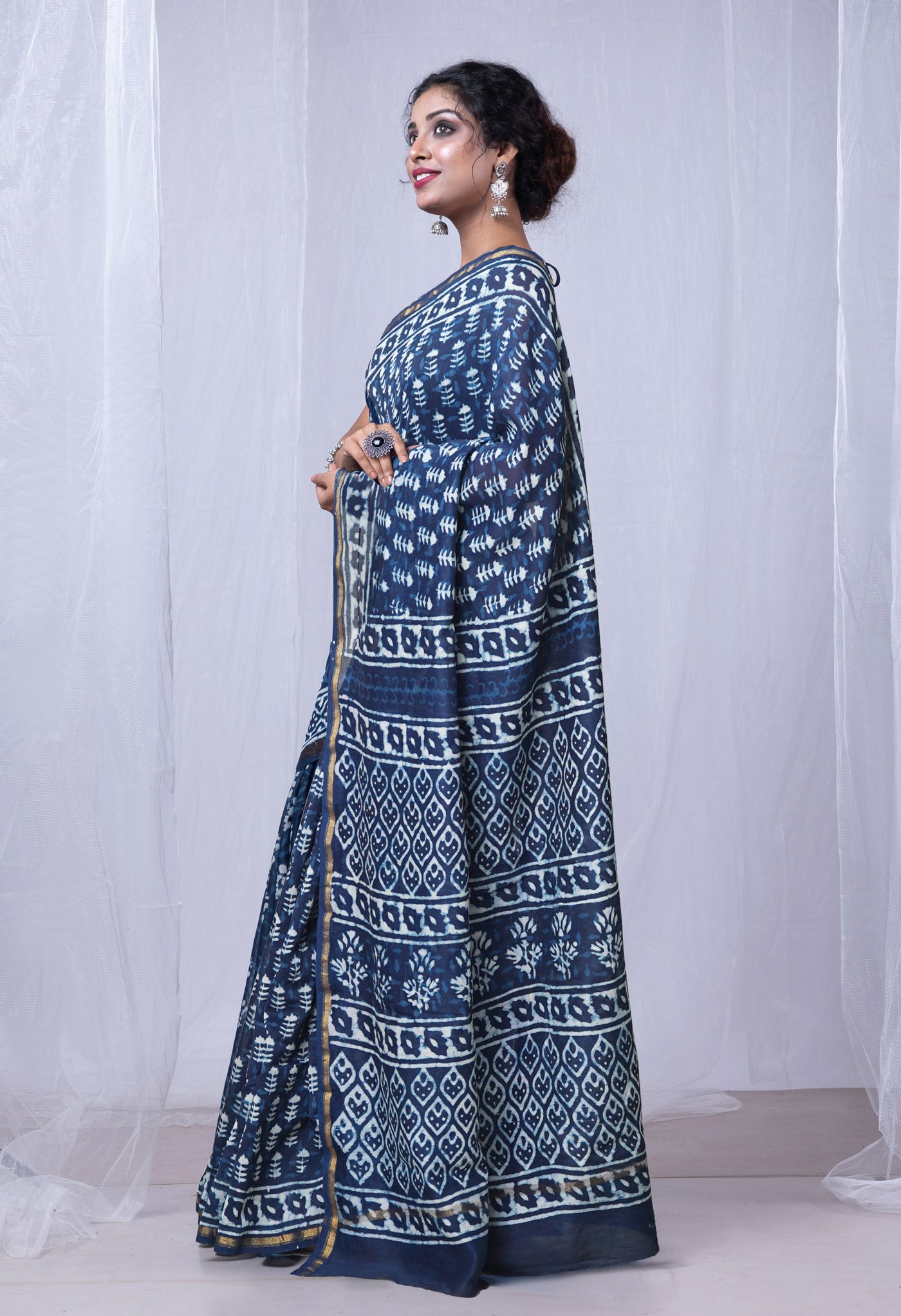 Indigo Blue Pure  Dabu Printed Chanderi Sico Saree-UNM77787