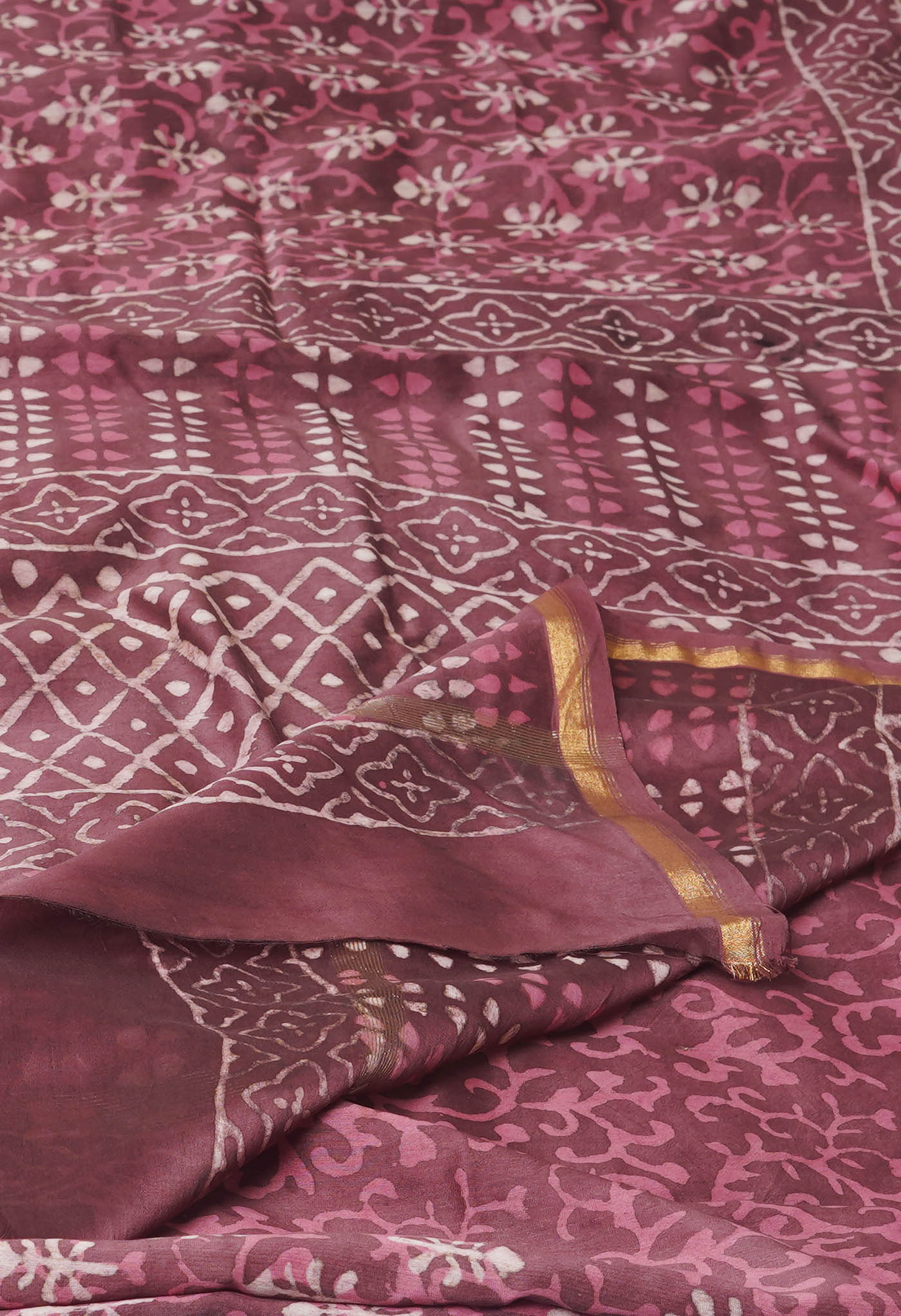 Brownish Pink Pure  Dabu Printed Chanderi Sico Saree