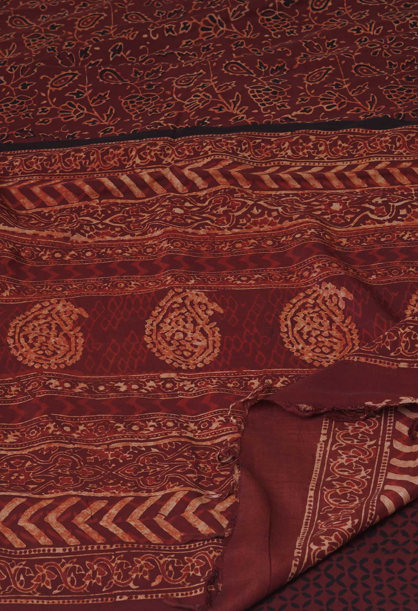 Dark Brown Pure  Ajrakh Printed Soft Silk Saree