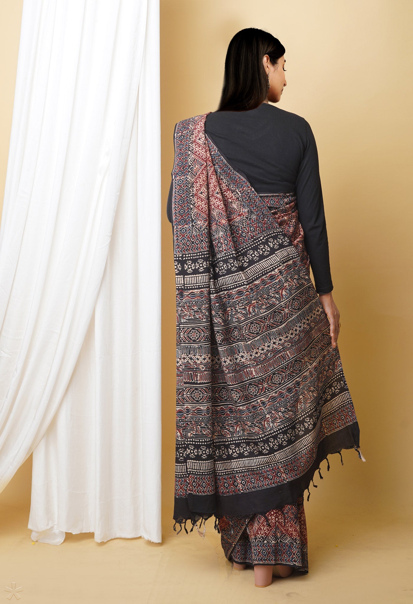 Dark Brown Pure  Ajrakh Printed Soft Silk Saree