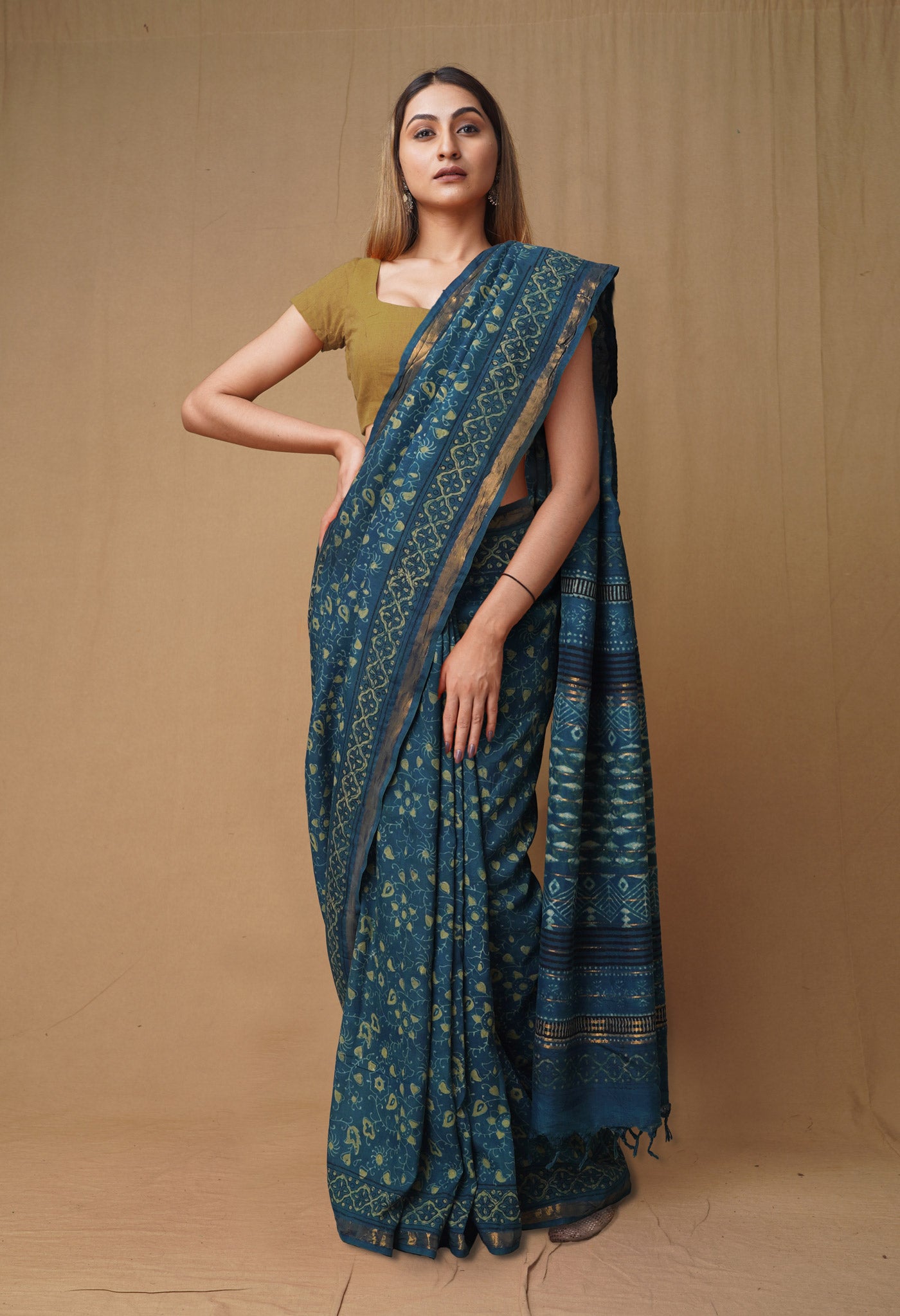 Blue Pure  Ajrakh Printed Soft Silk Saree
