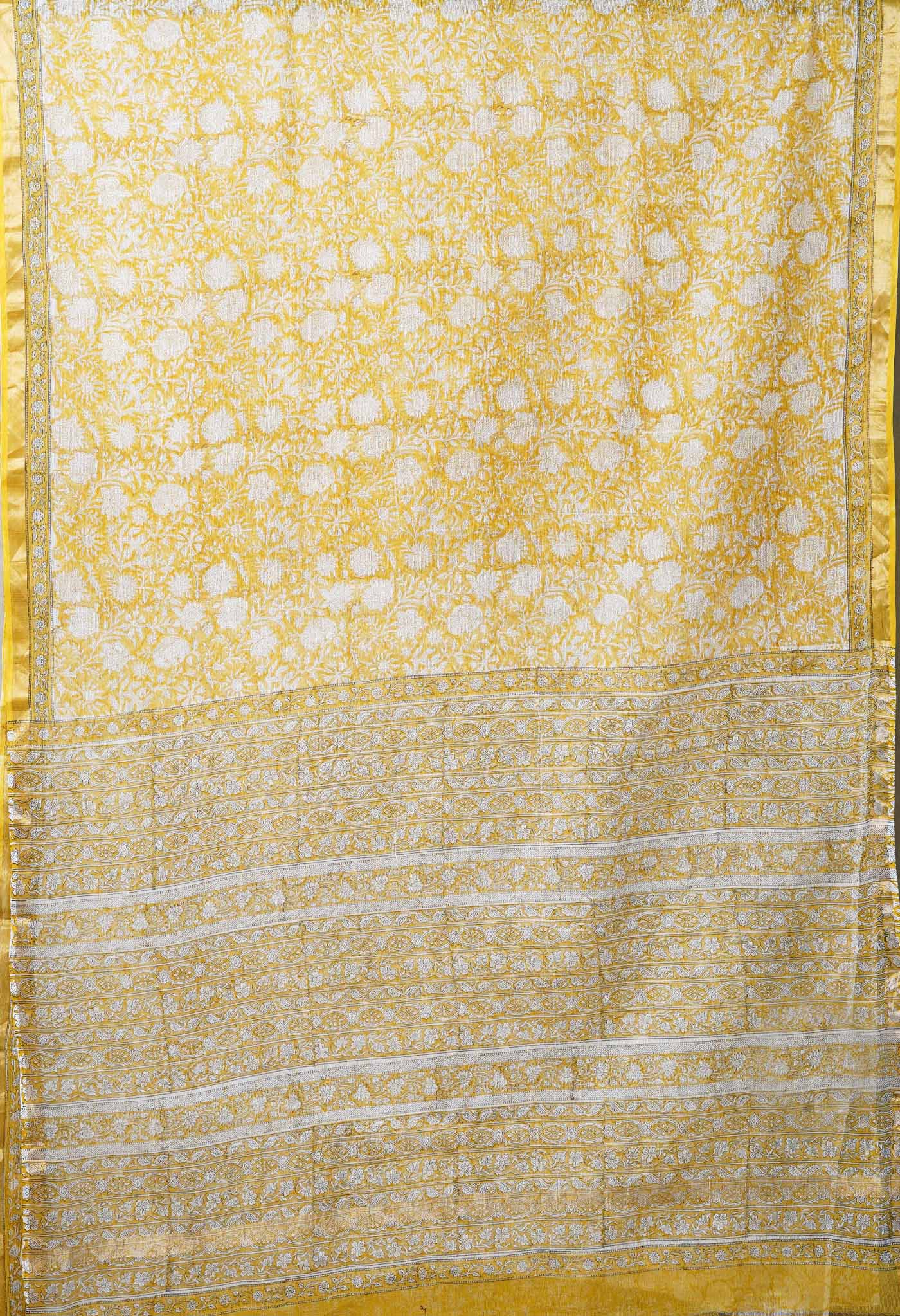 Yellow Pure Hand Block Printed Kota Saree