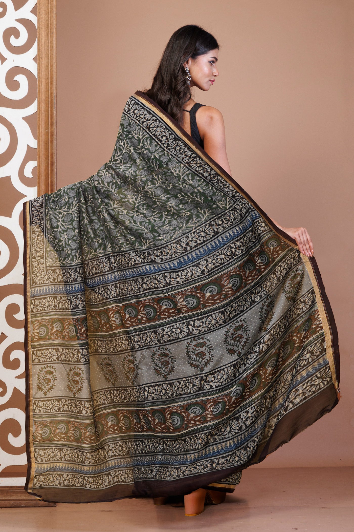 Green-Grey Pure Bagru Kalamkari Printed Chanderi Sico Saree