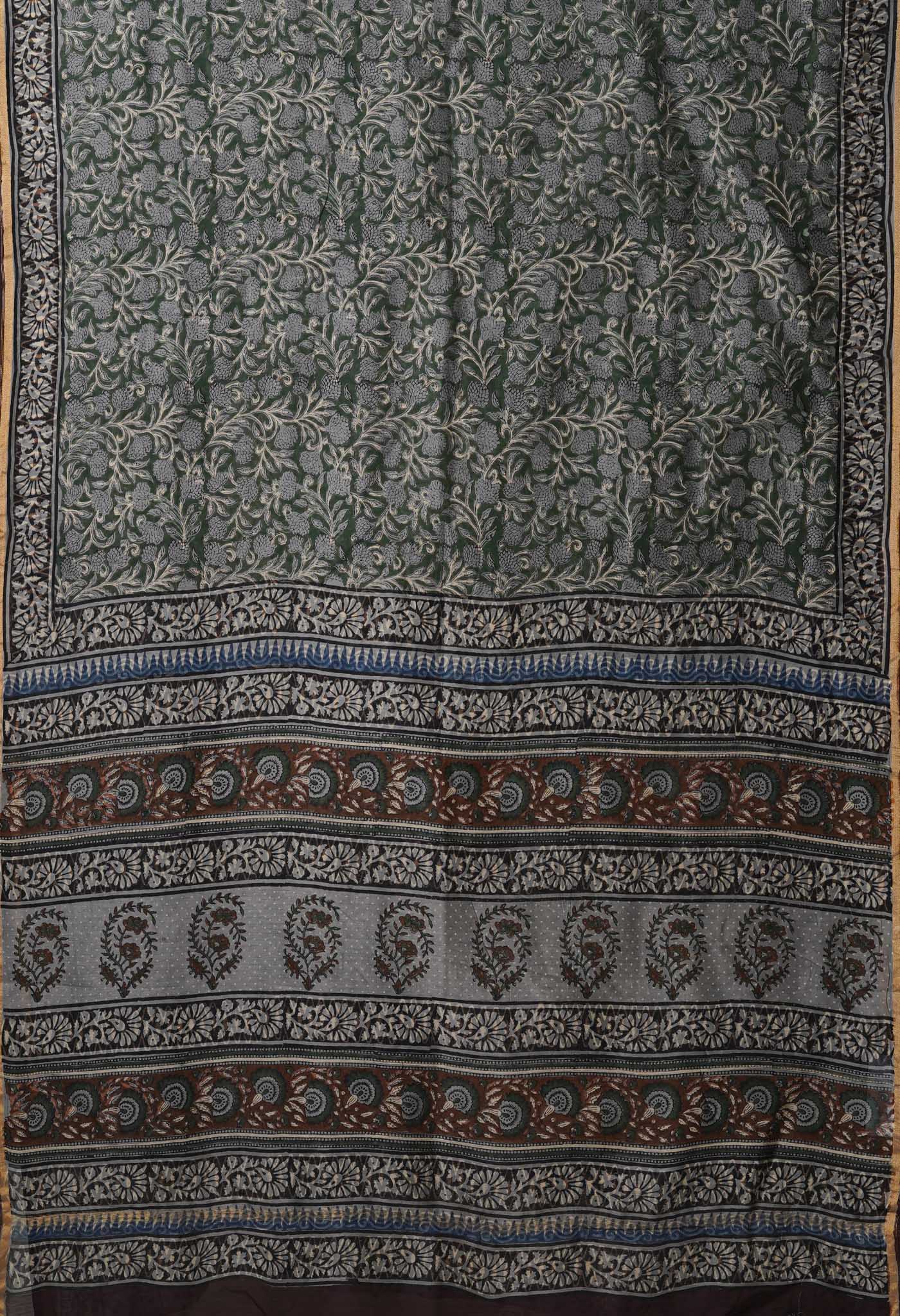 Green-Grey Pure Bagru Kalamkari Printed Chanderi Sico Saree