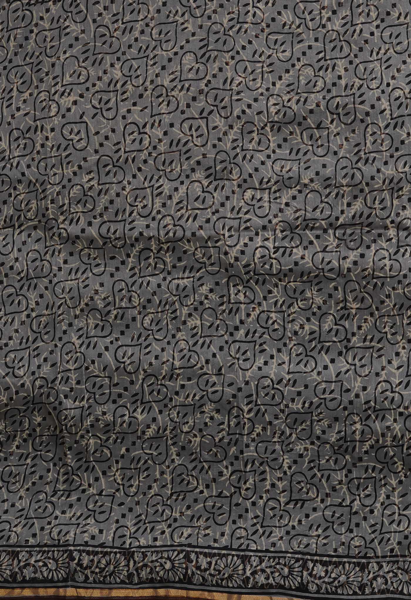 Green-Grey Pure Bagru Kalamkari Printed Chanderi Sico Saree