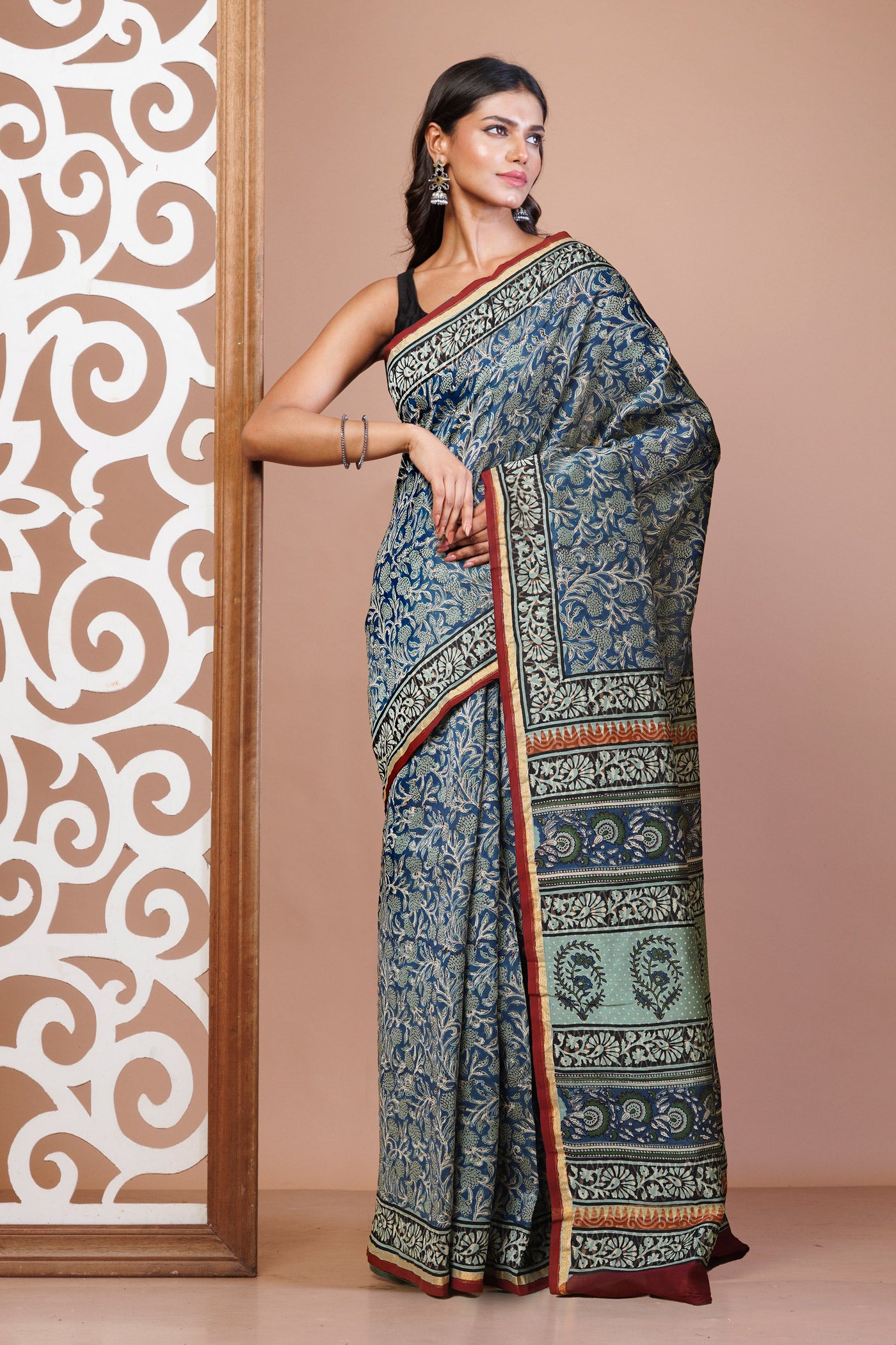 Blue Pure Bagru Kalamkari Printed Chanderi Sico Saree