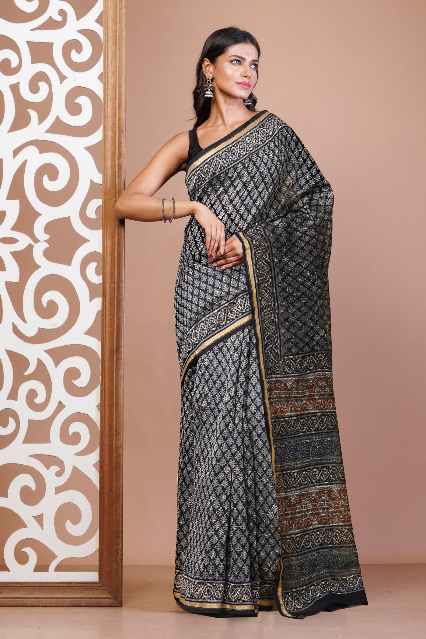 Black-Grey Pure Bagru Kalamkari Printed Chanderi Sico Saree