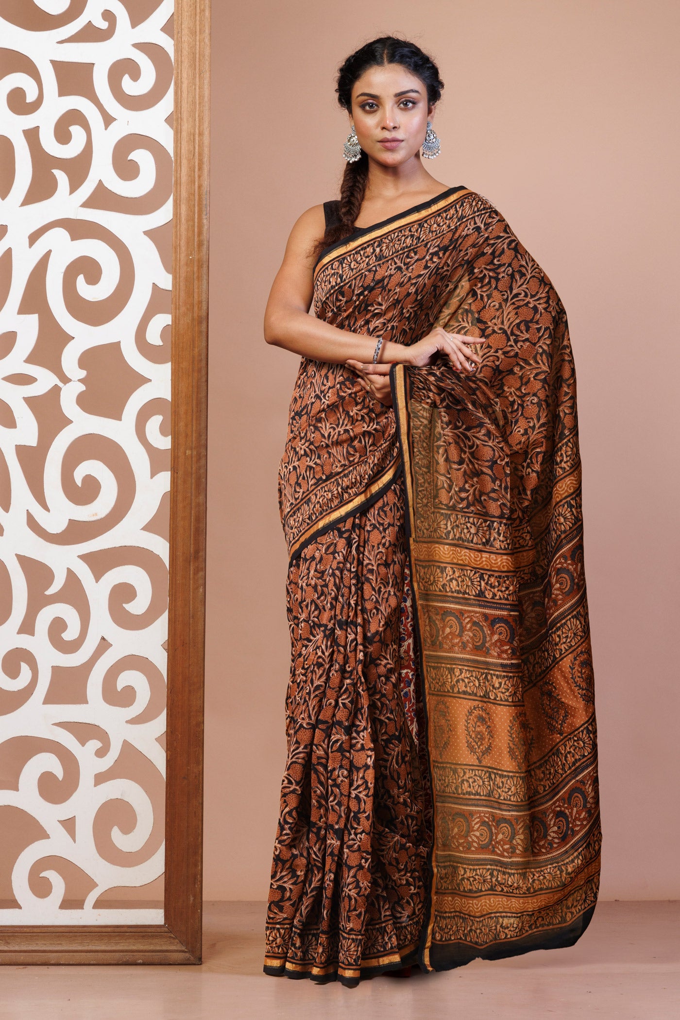 Black-Brown Pure Bagru Kalamkari Printed Chanderi Sico Saree