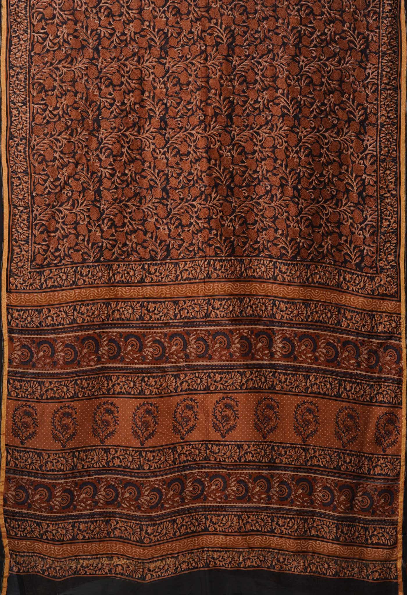 Black-Brown Pure Bagru Kalamkari Printed Chanderi Sico Saree