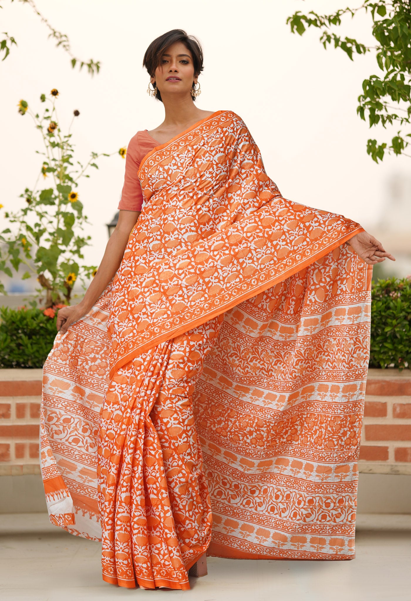 Orange Pure Block Printed Soft Cotton Saree