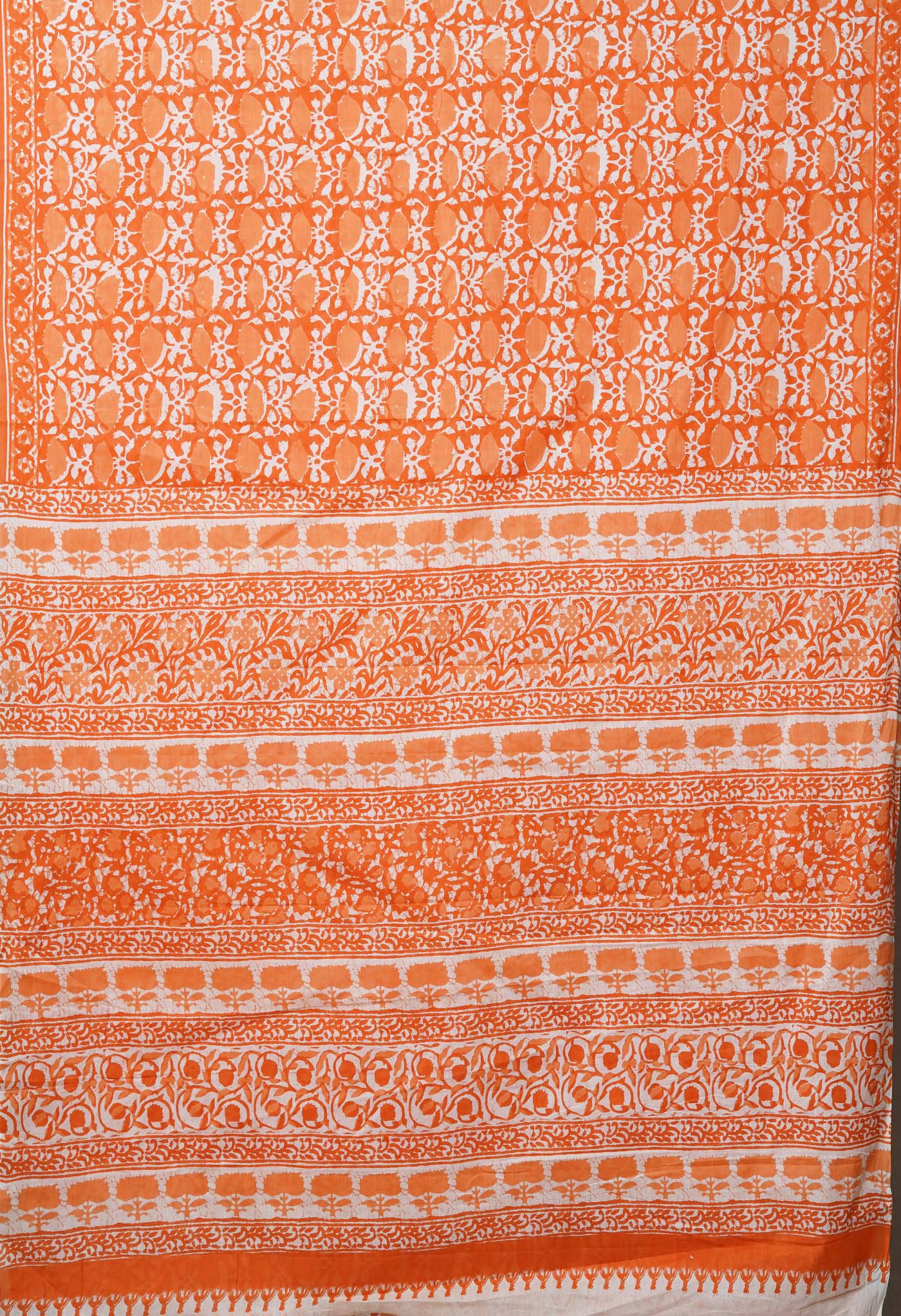 Orange Pure Block Printed Soft Cotton Saree