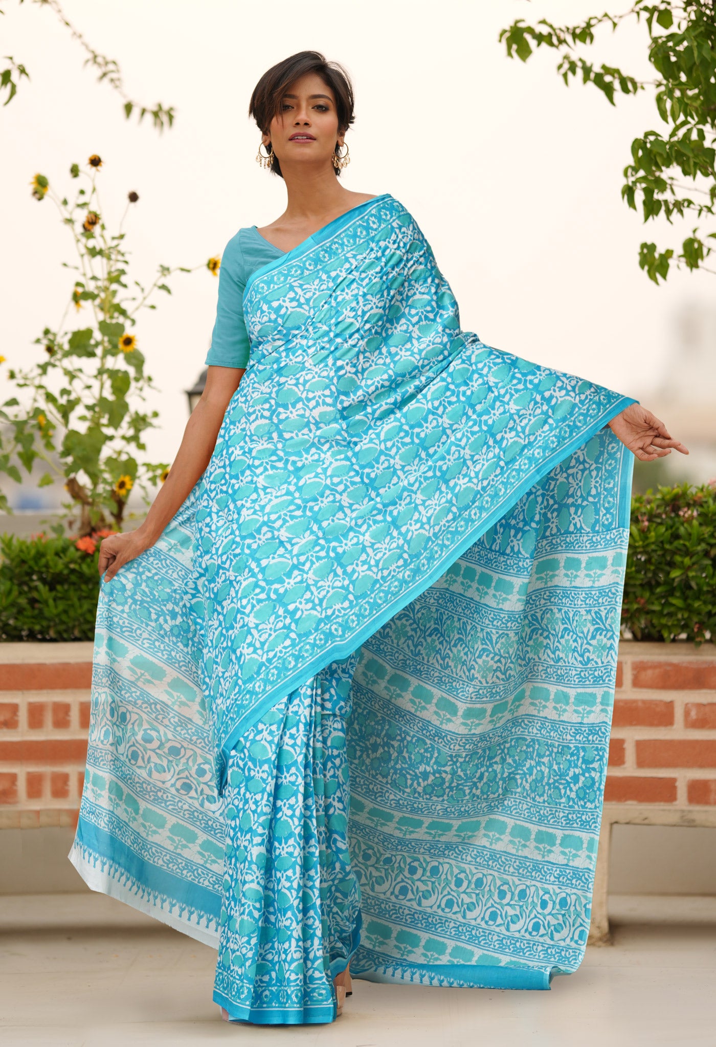 Blue Pure Block Printed Soft Cotton Saree