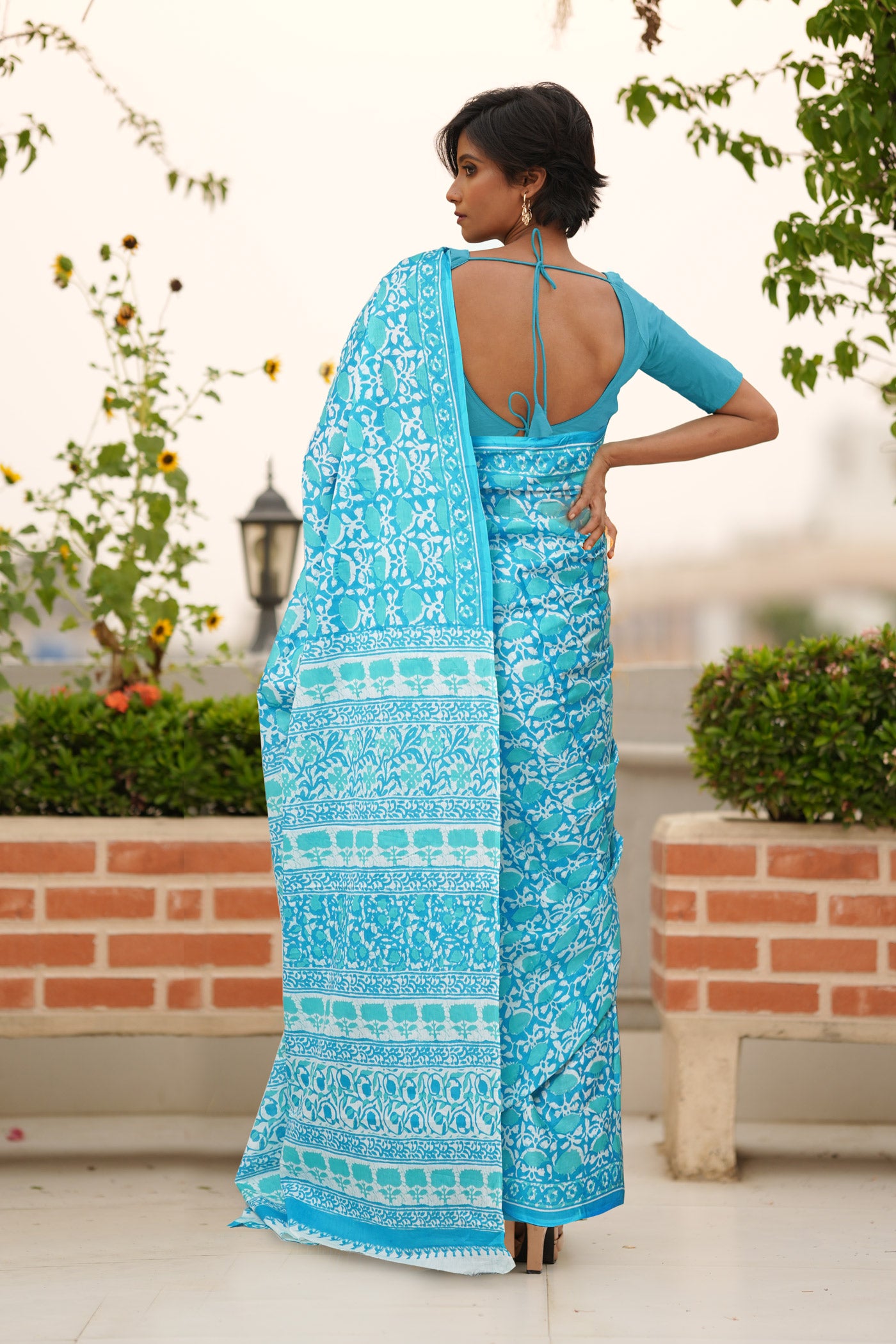 Blue Pure Block Printed Soft Cotton Saree