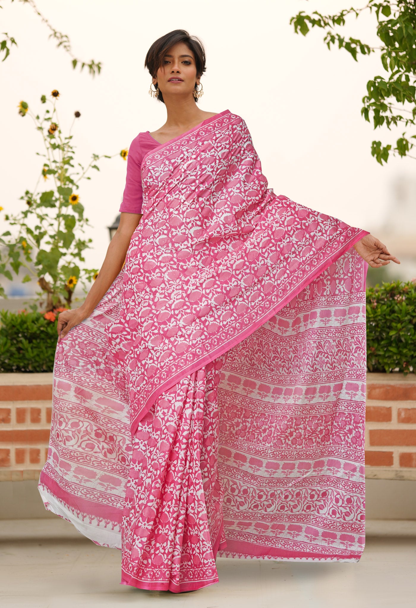 Pink Pure Block Printed Soft Cotton Saree