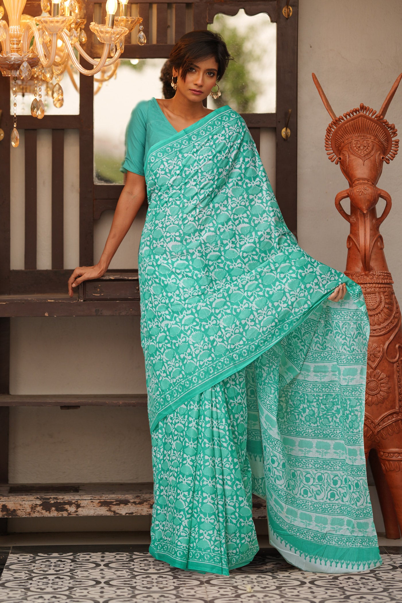 Green Pure Block Printed Soft Cotton Saree