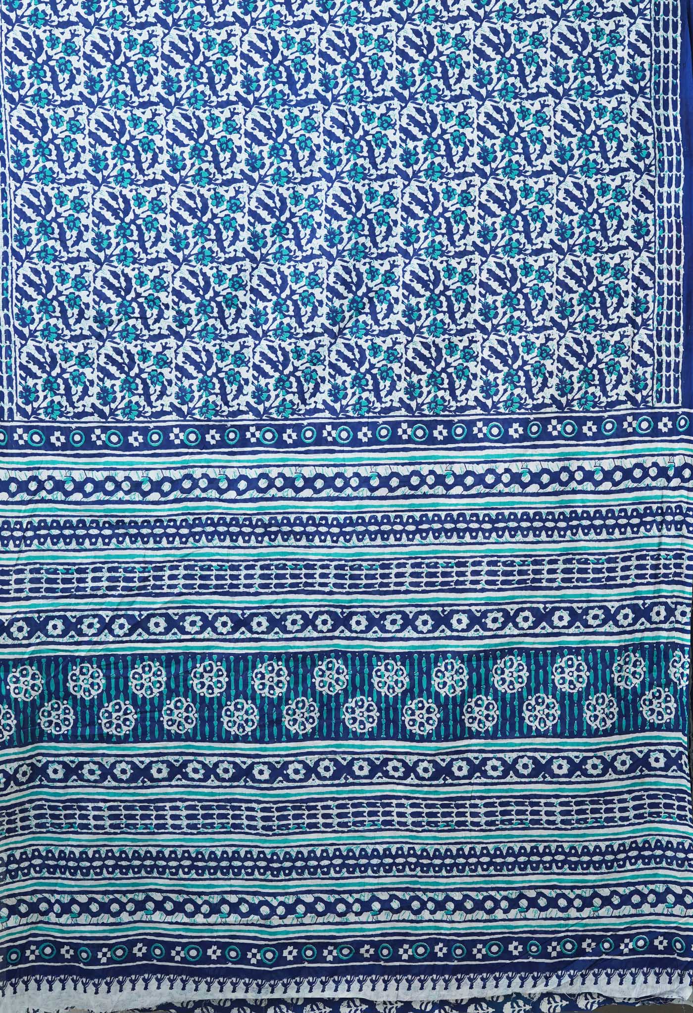 White-Navy Blue Pure Block Printed Soft Cotton Saree