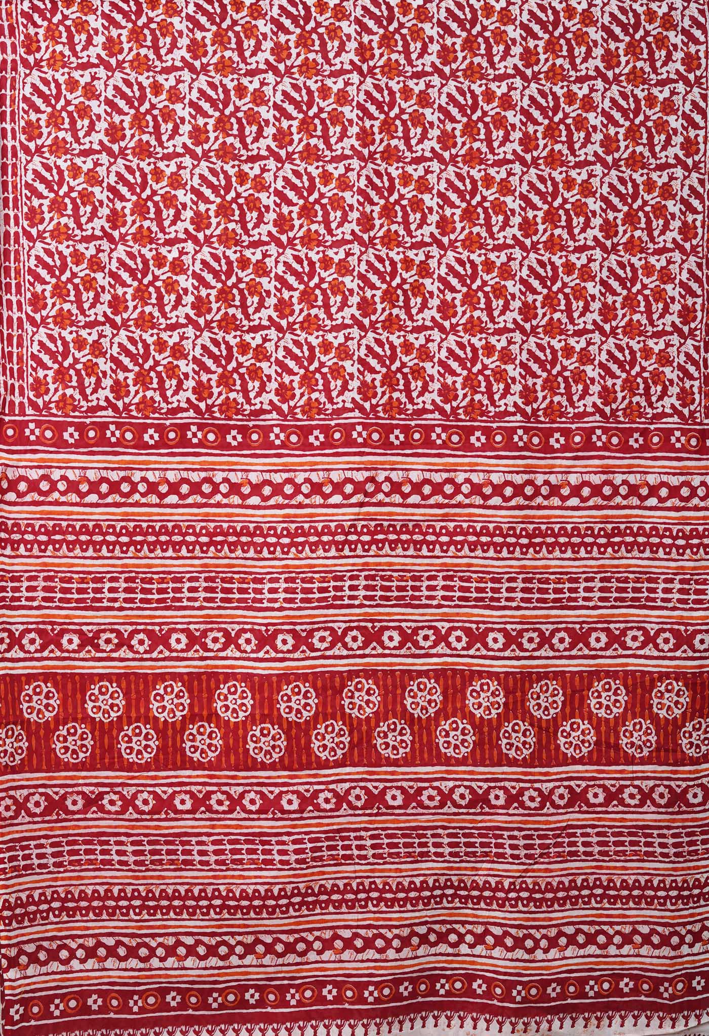 White-Red Pure Block Printed Soft Cotton Saree