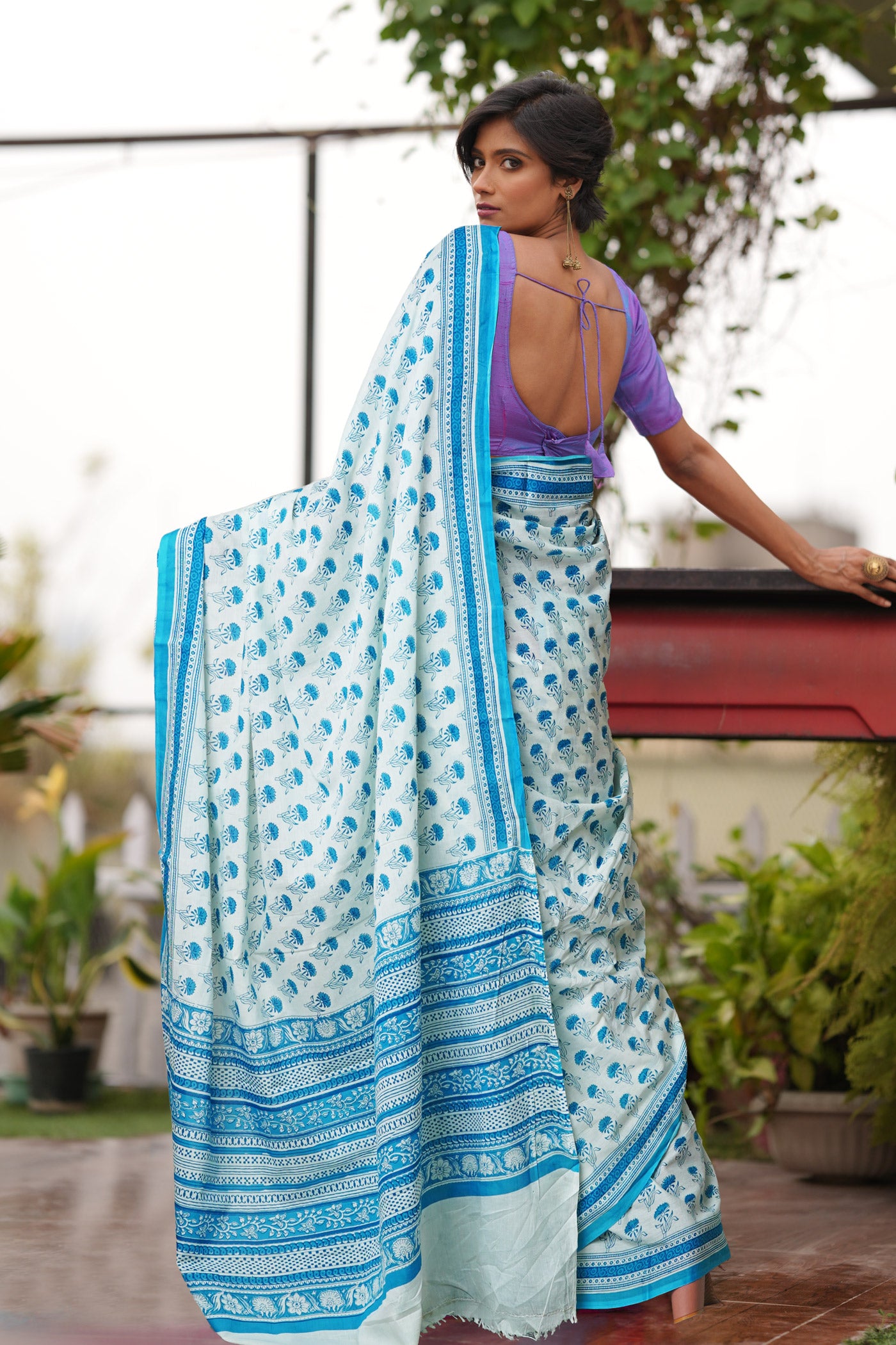 White-Blue Pure Block Printed Soft Cotton Saree