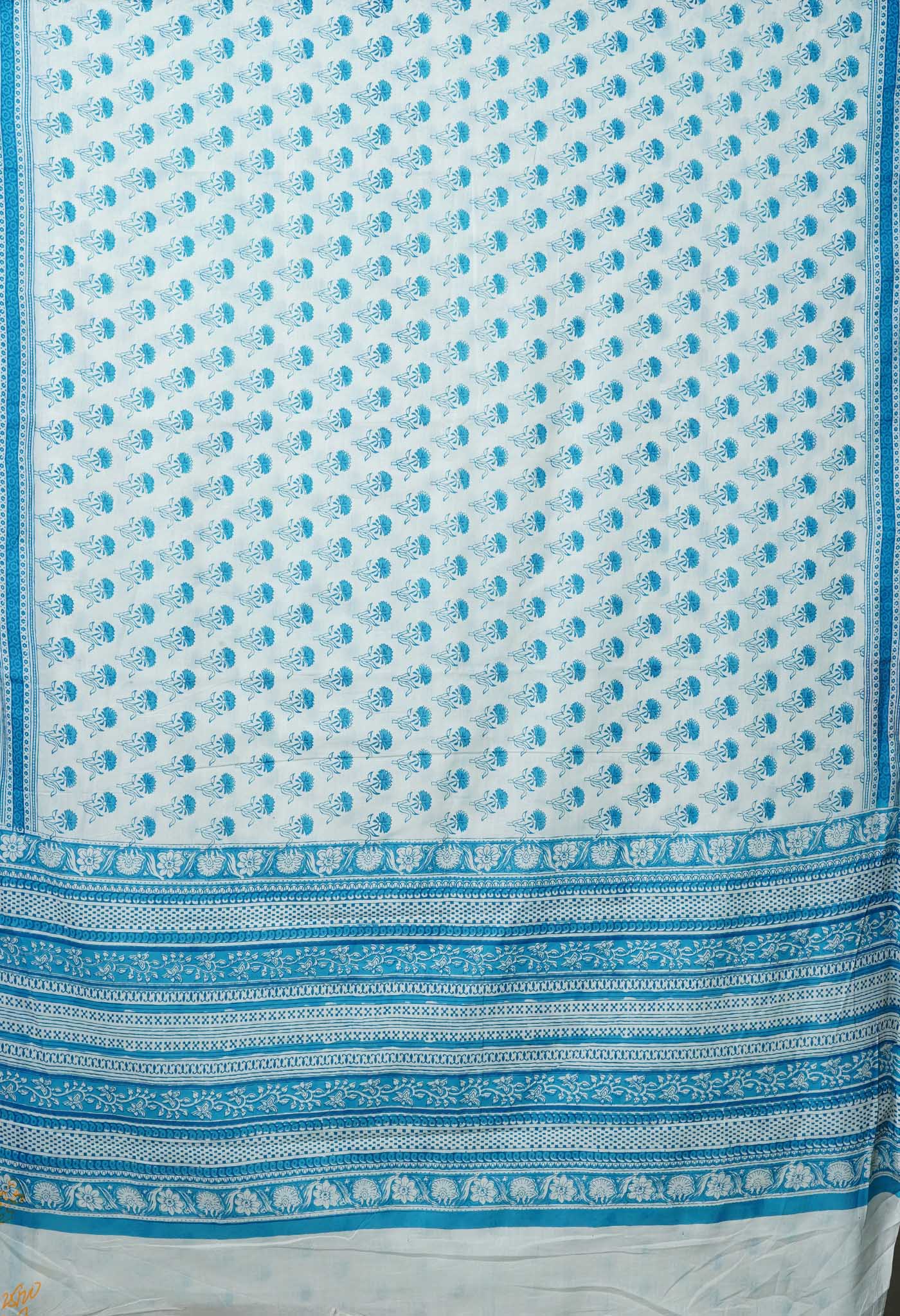 White-Blue Pure Block Printed Soft Cotton Saree
