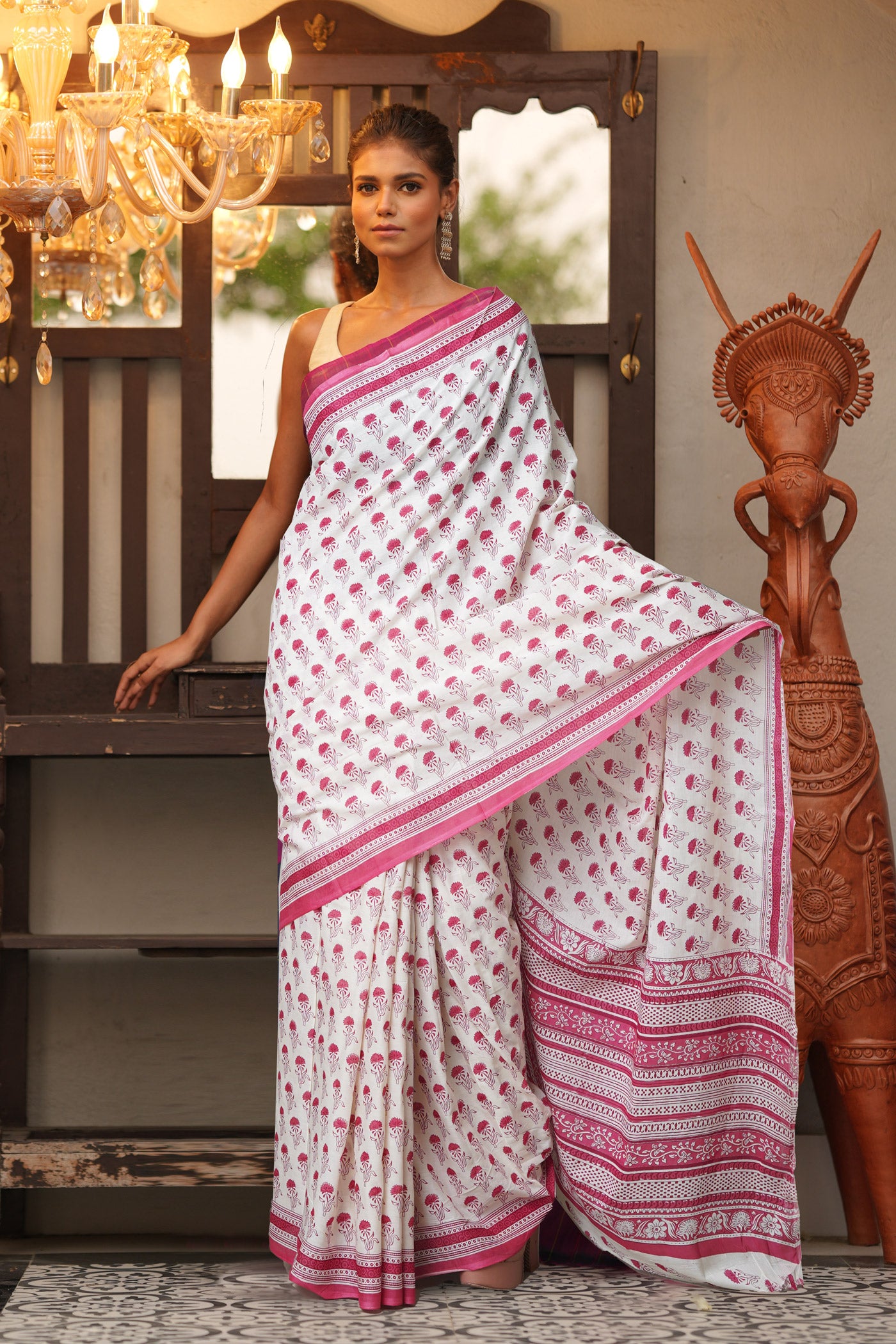 White-Pink Pure Block Printed Soft Cotton Saree