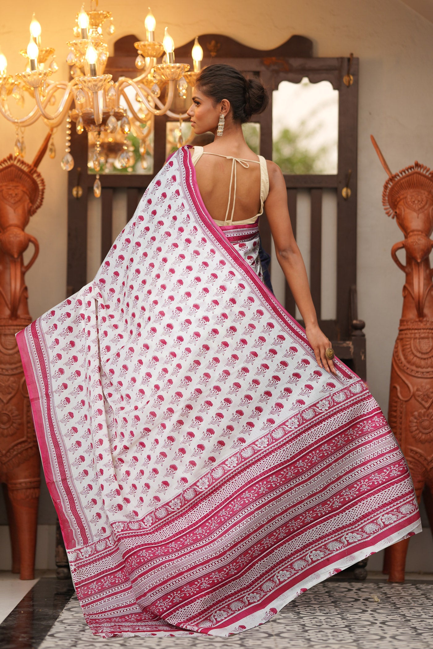 White-Pink Pure Block Printed Soft Cotton Saree