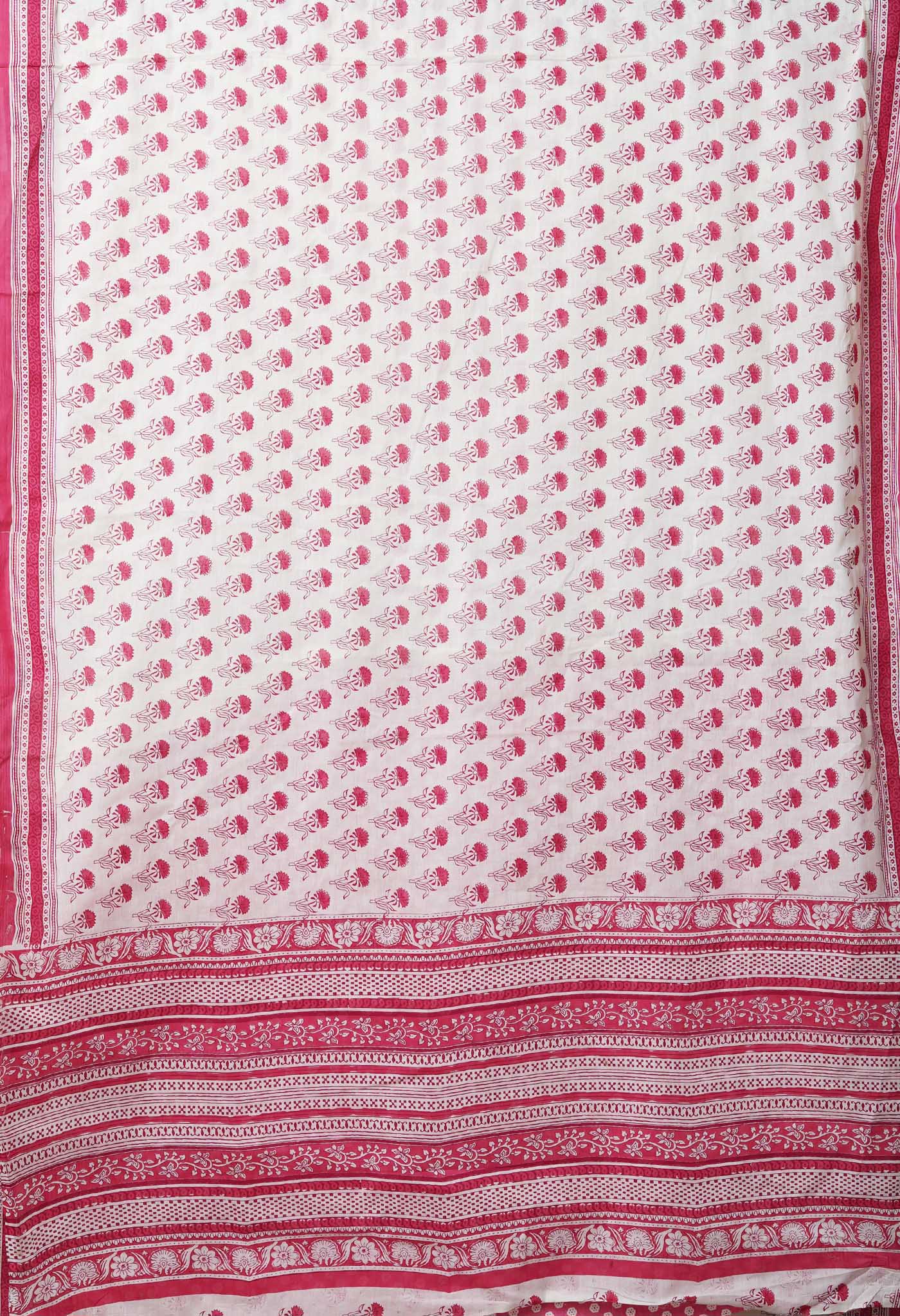 White-Pink Pure Block Printed Soft Cotton Saree