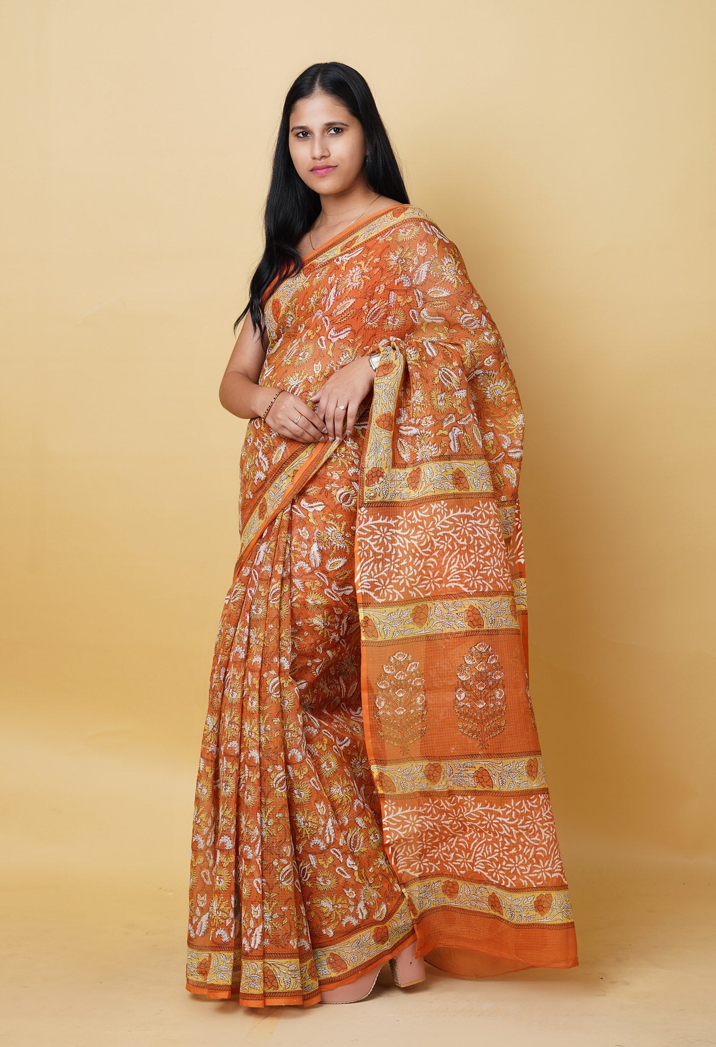 Orange Pure Hand Block Printed Kota Saree