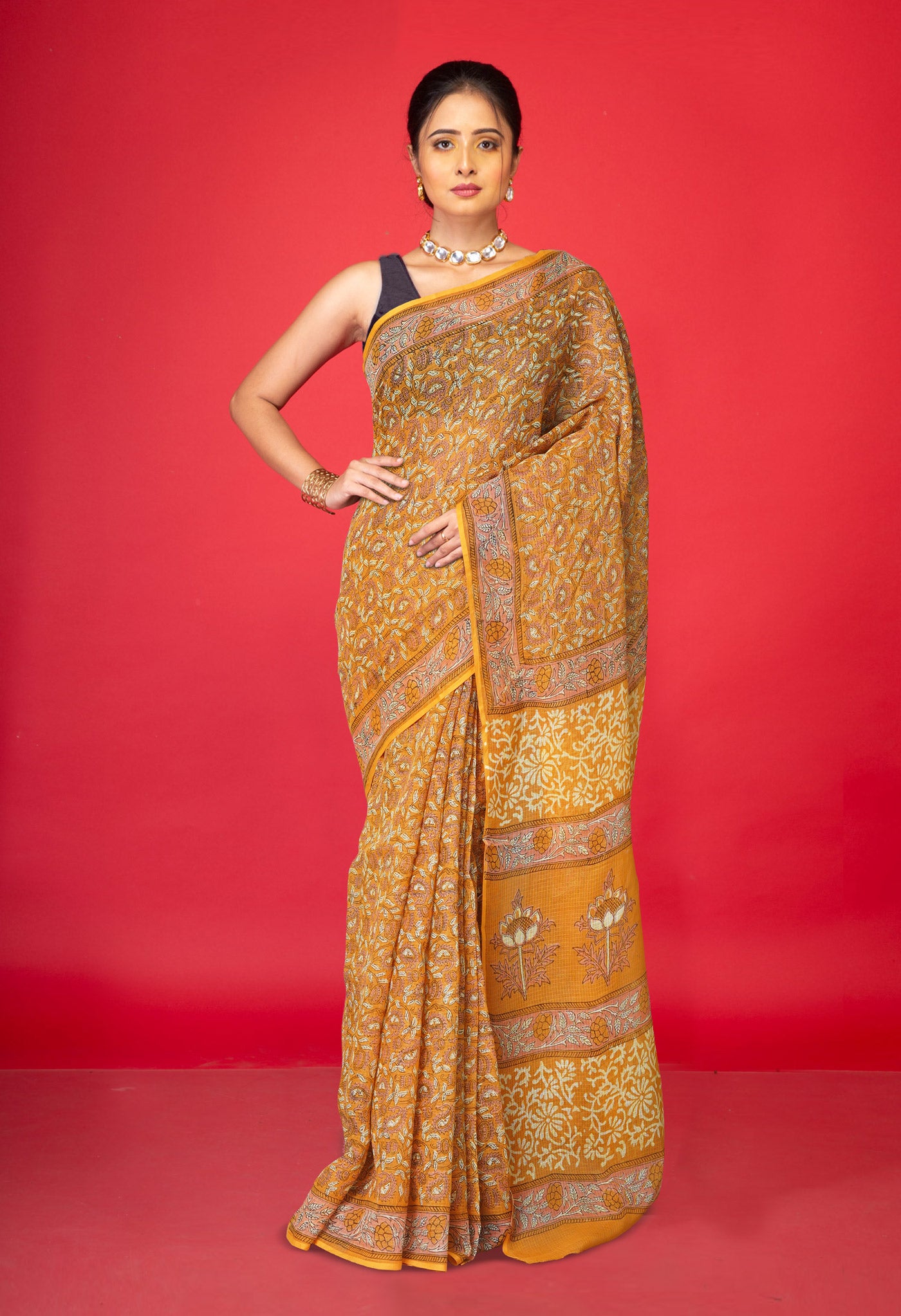 Yellow Pure Hand Block Printed Kota Saree-UNM77942