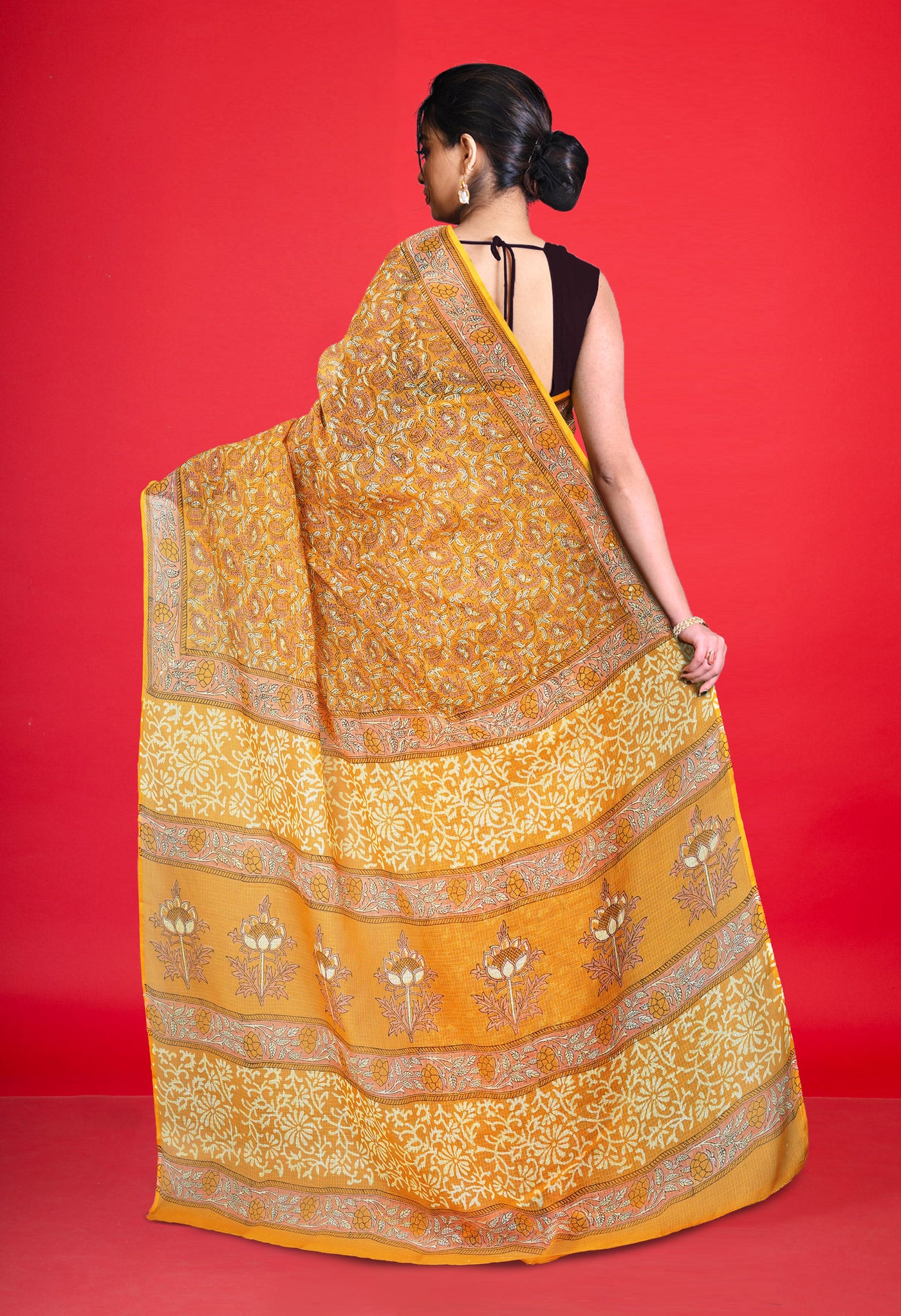 Yellow Pure Hand Block Printed Kota Saree-UNM77942