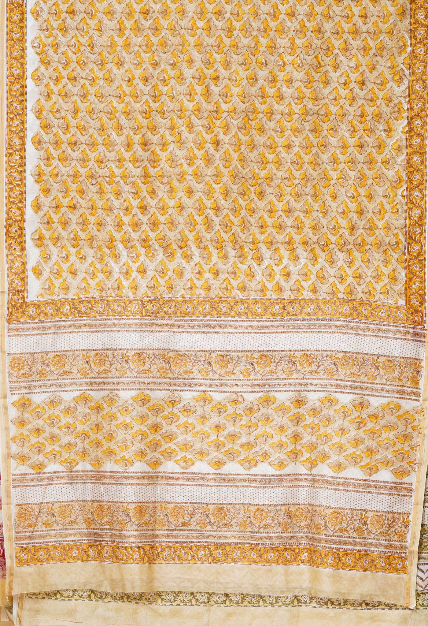 Cream Pure Hand Block Printed Chanderi Sico Saree-UNM77943