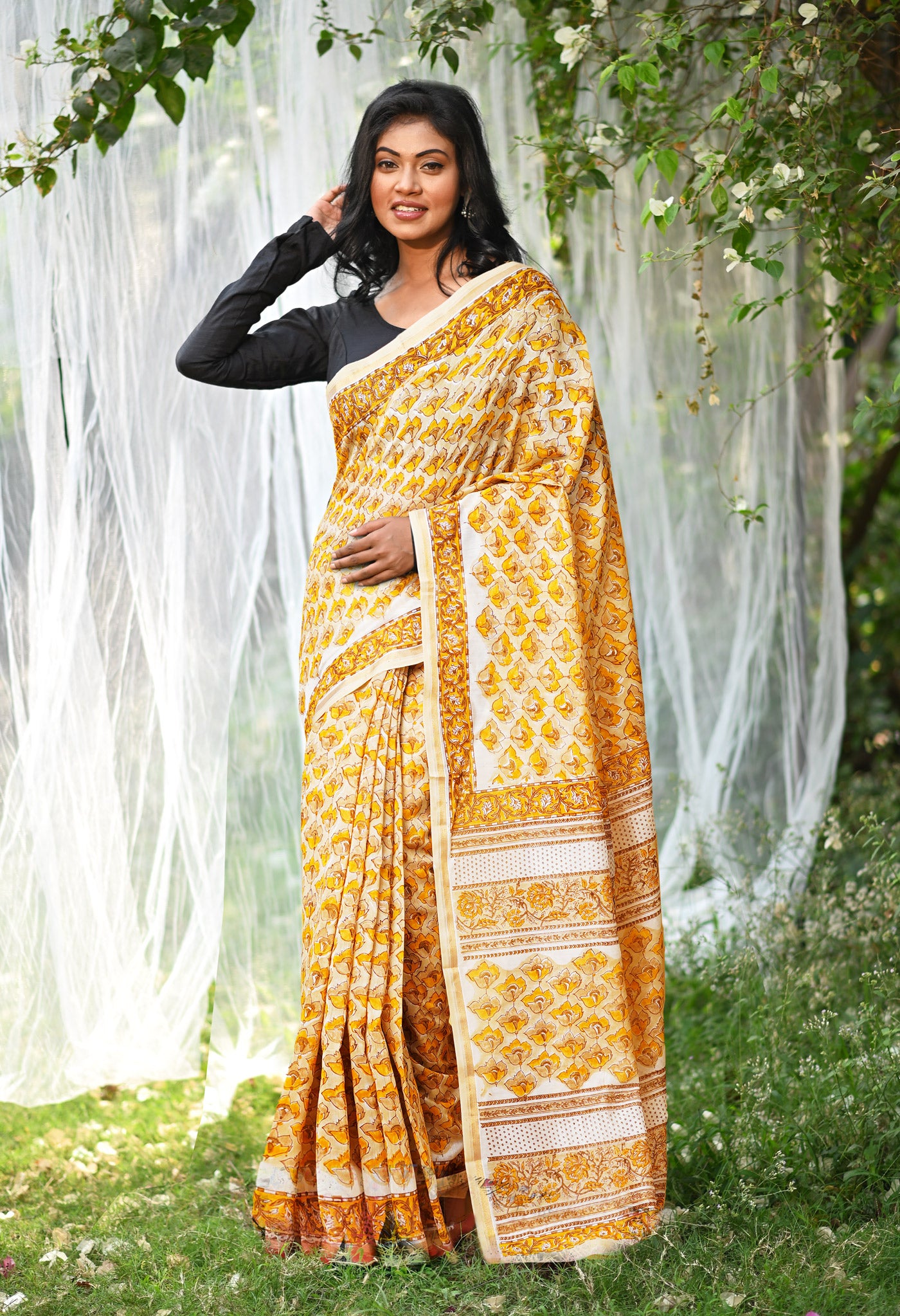 Cream Pure Hand Block Printed Chanderi Sico Saree-UNM77943