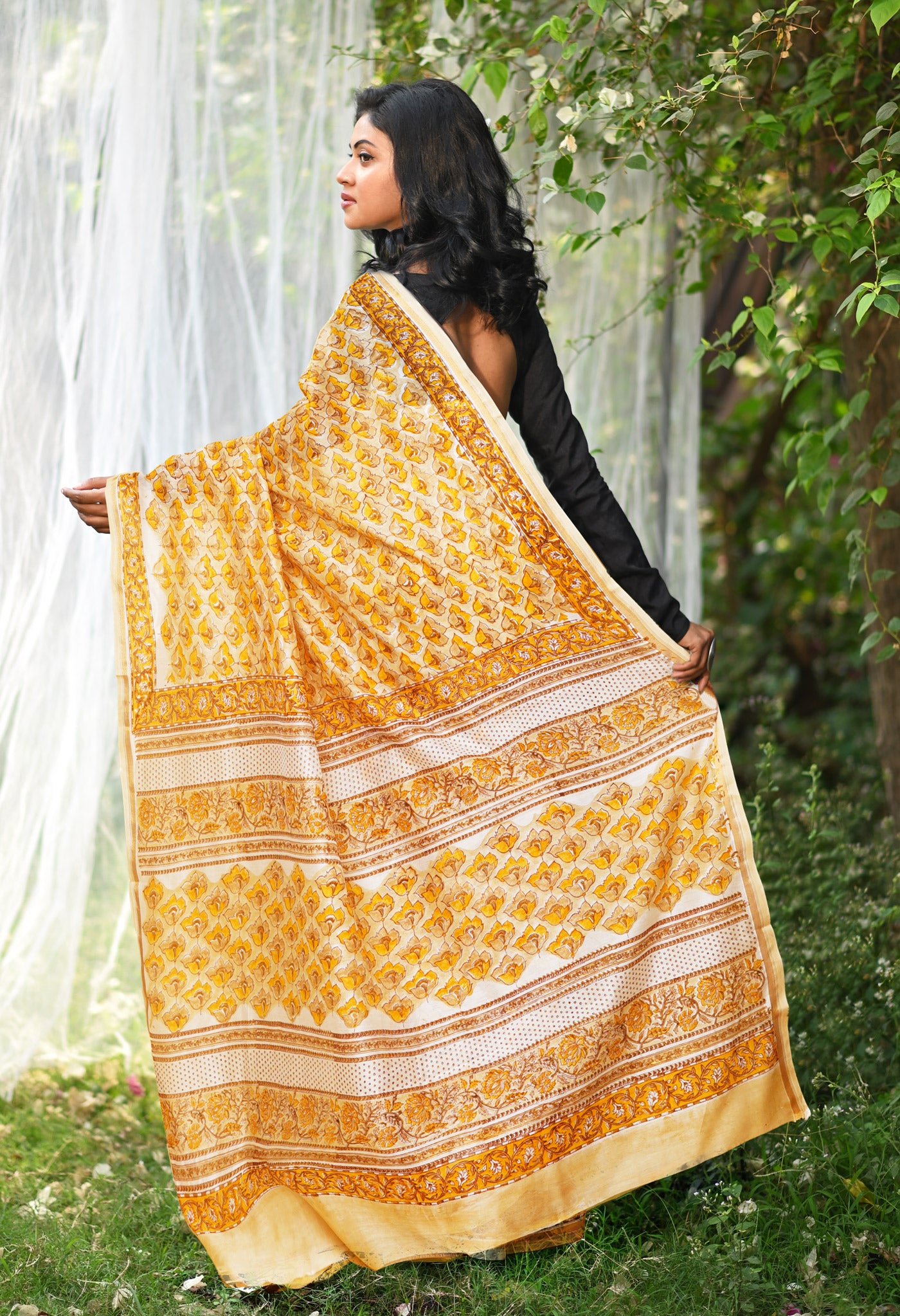 Cream Pure Hand Block Printed Chanderi Sico Saree-UNM77943