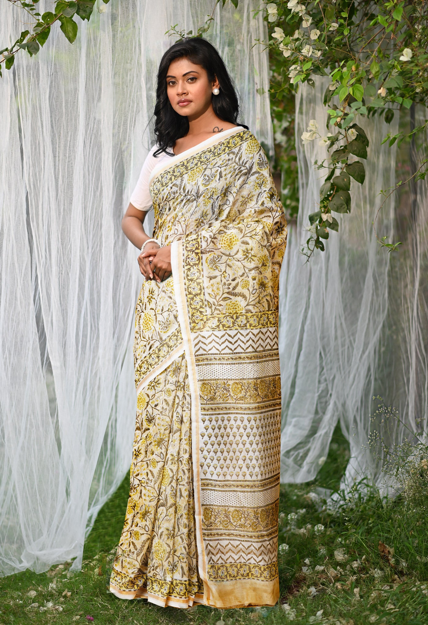 Pastel Brown Pure Hand Block Printed Chanderi Sico Saree-UNM77947