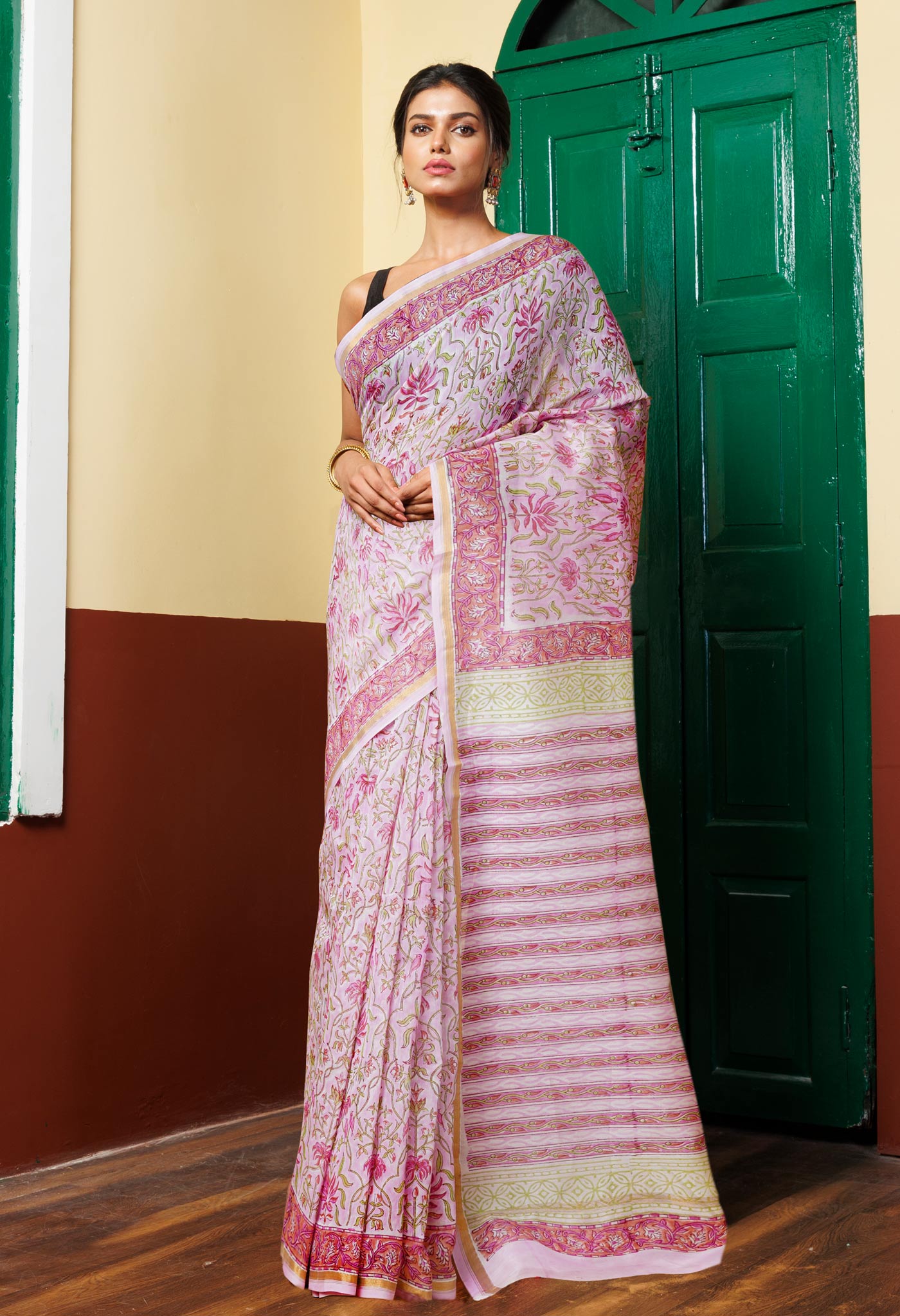 Pastel Pink Pure Hand Block Printed Chanderi Sico Saree