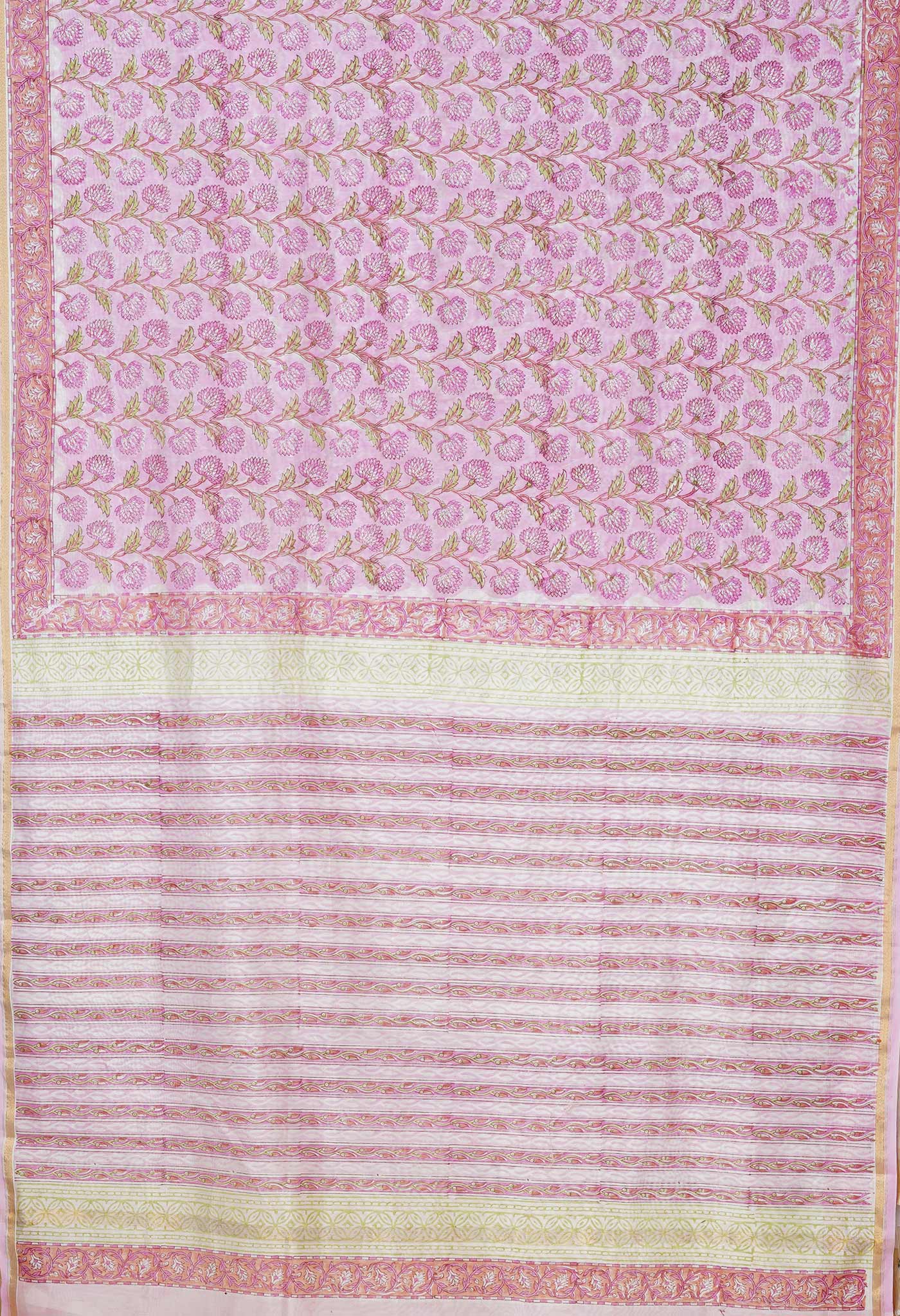 Pastel Pink Pure Hand Block Printed Chanderi Sico Saree