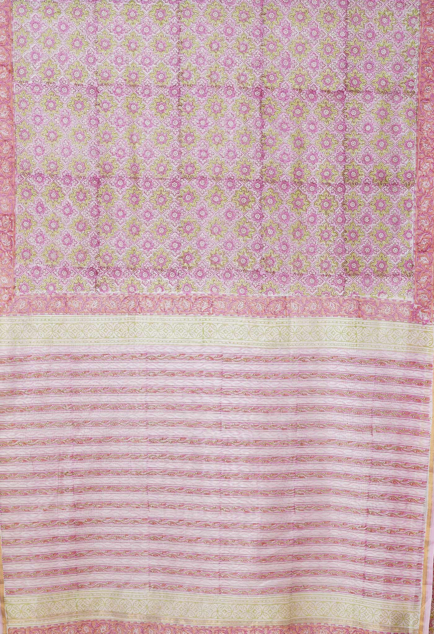 Pastel Pink Pure Hand Block Printed Chanderi Sico Saree
