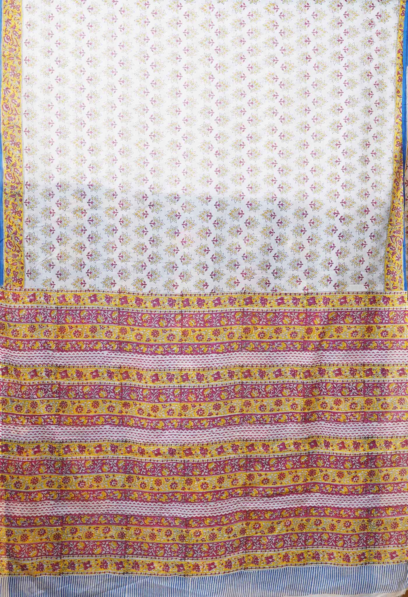 White-Blue Pure Block Printed Mulmul Cotton Saree