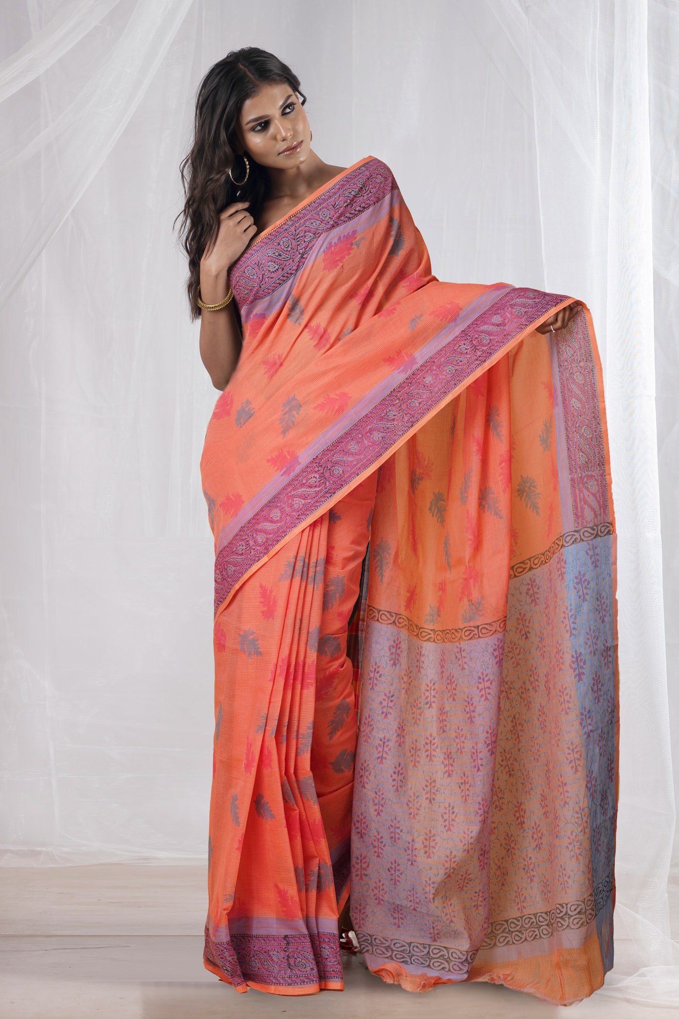 Orange Pure Hand Block Printed Mangalgiri Cotton Saree