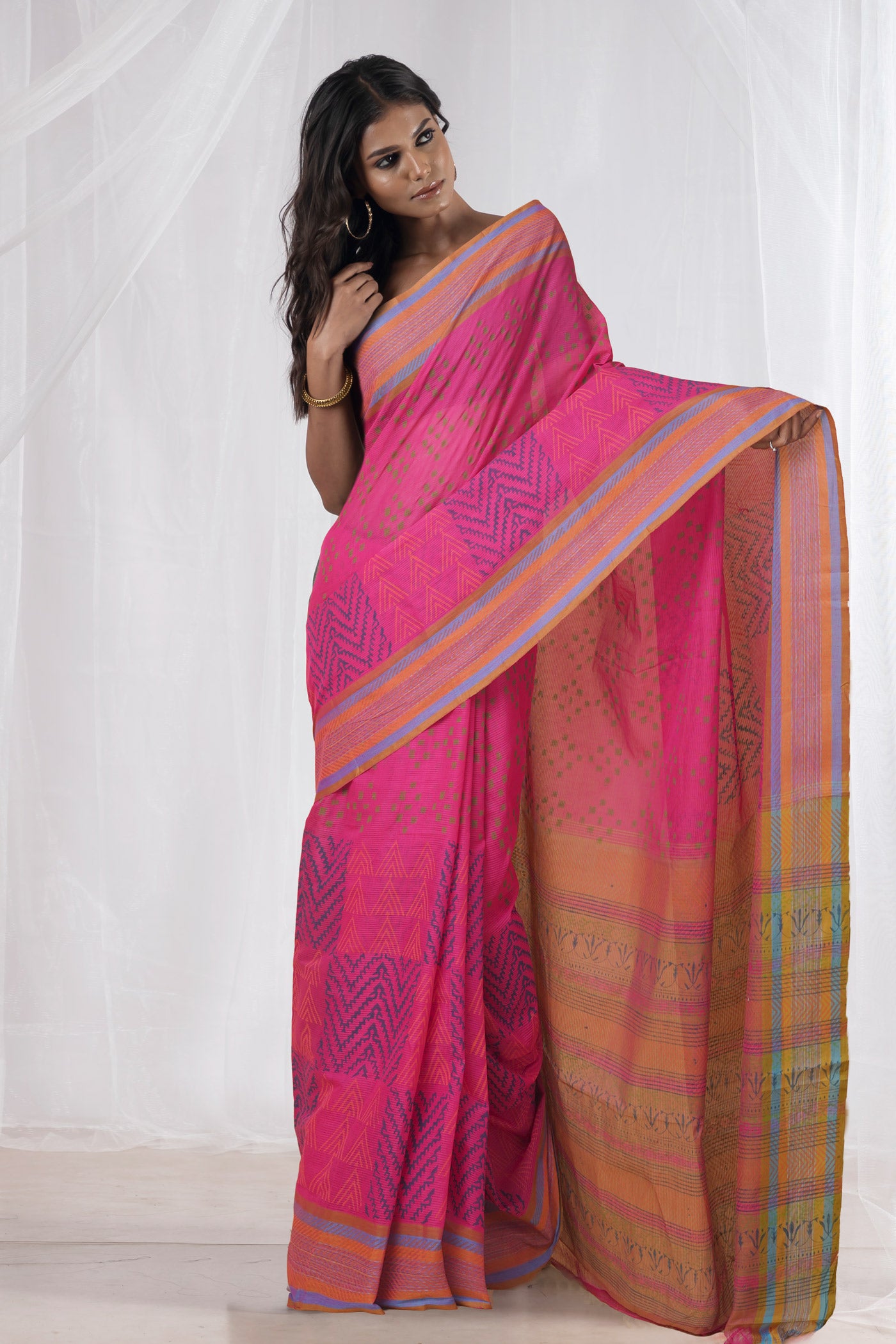 Pink Pure Hand Block Printed Mangalgiri Cotton Saree