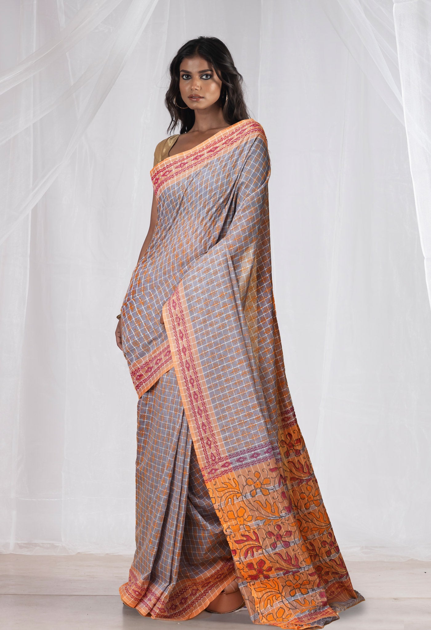 Grey Pure Hand Block Printed Mangalgiri Cotton Saree