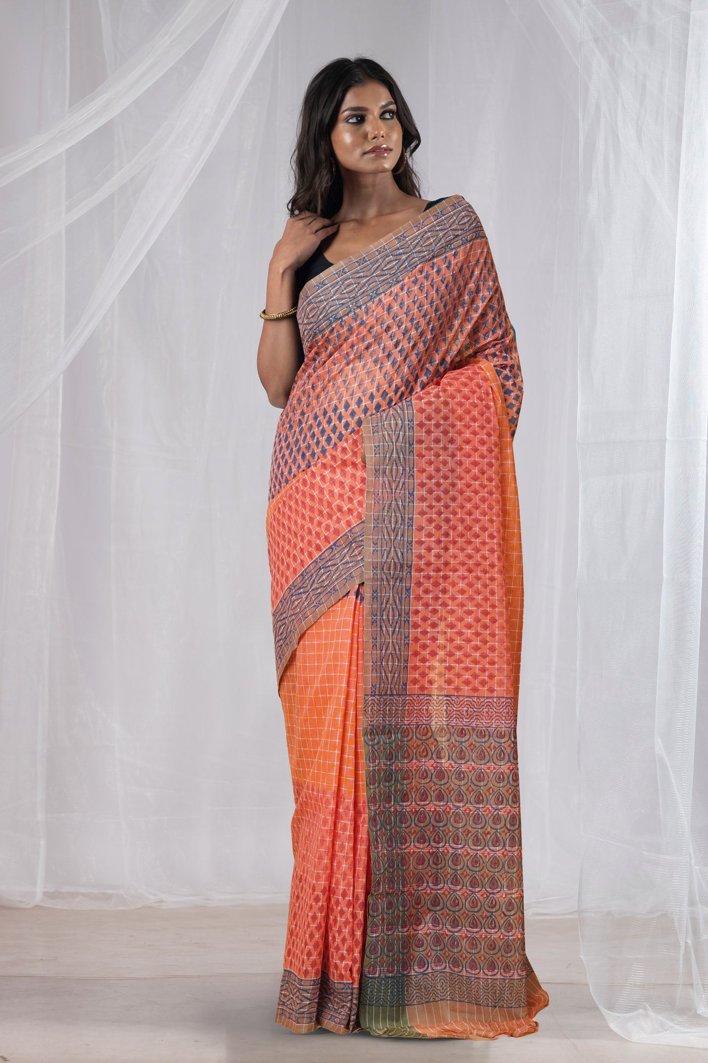 Orange Pure Hand Block Printed Mangalgiri Cotton Saree