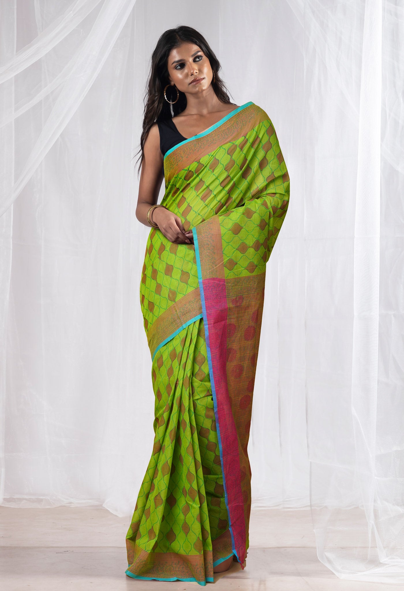 Green Pure Hand Block Printed Mangalgiri Cotton Saree