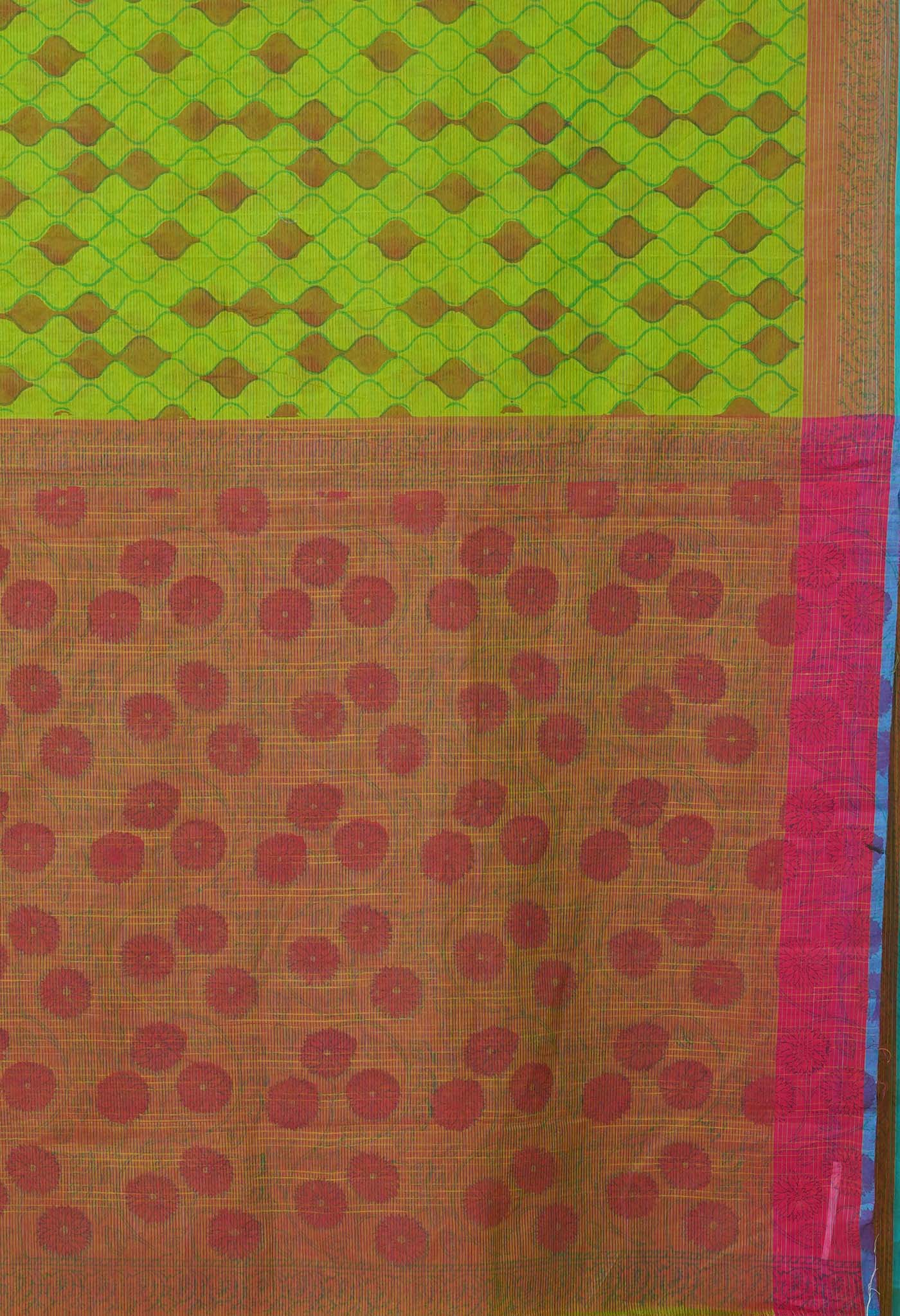 Green Pure Hand Block Printed Mangalgiri Cotton Saree