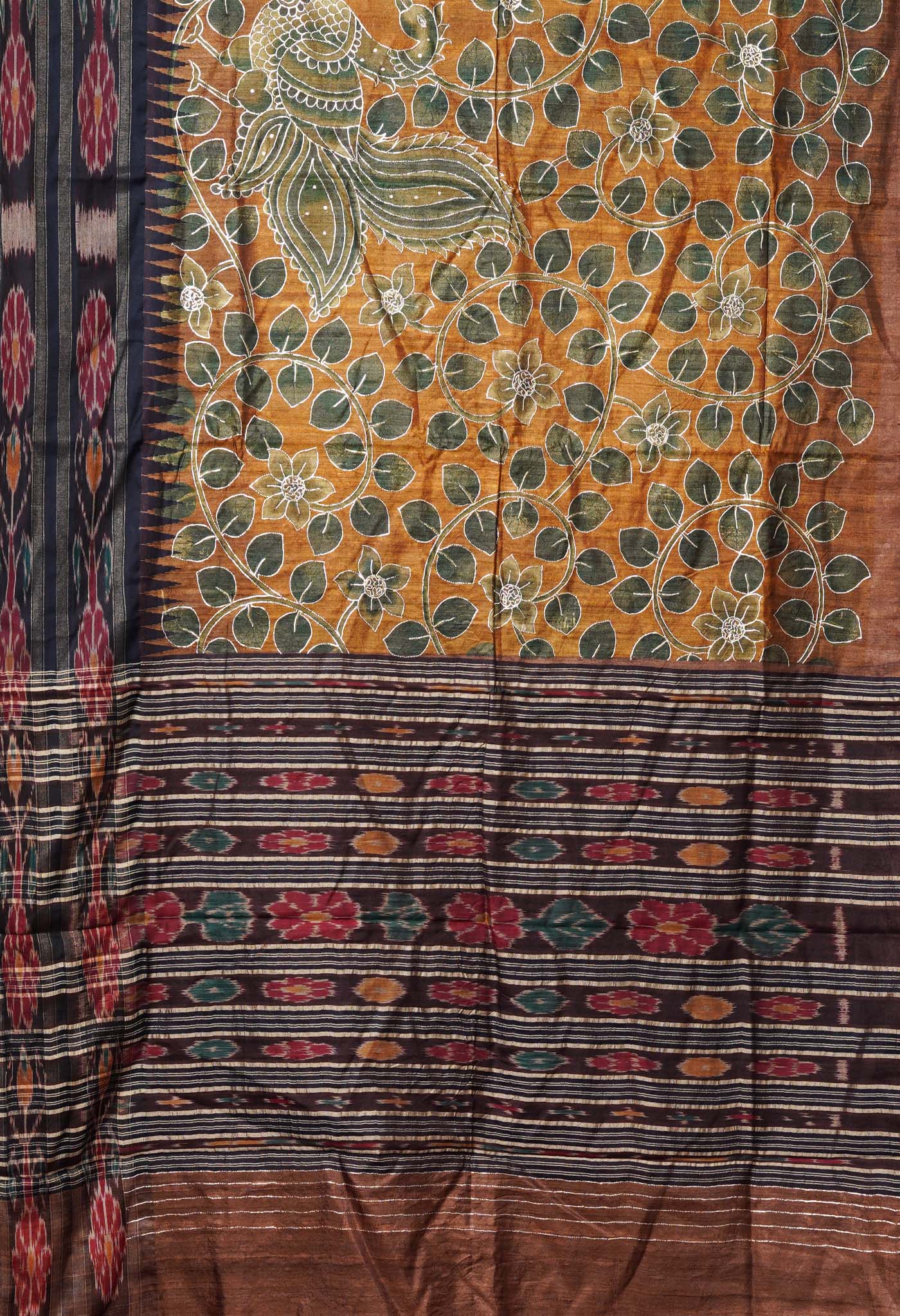 Yellow Pure Handloom Block Printed With Embroidery Work Vidarbha Tussar Silk Saree