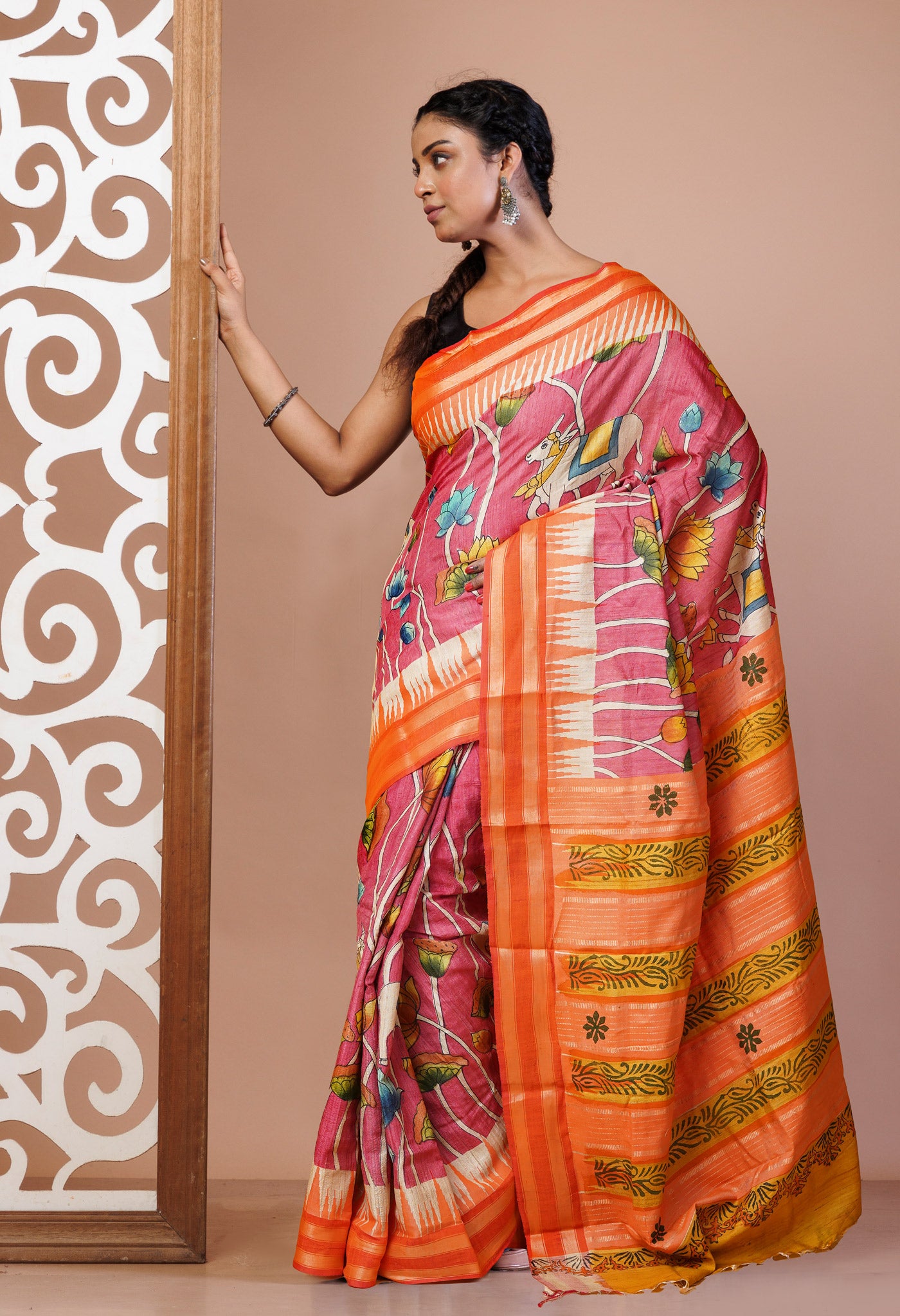 Pink Pure Handloom Printed Vidarbha Tussar Silk Saree