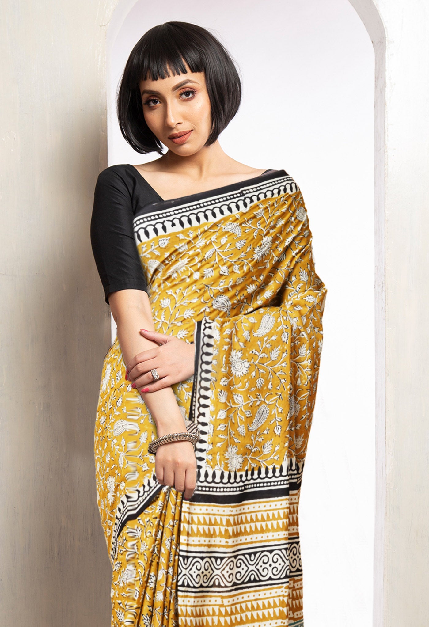 Yellow Pure Bagru Printed Soft Cotton Saree-UNM78123