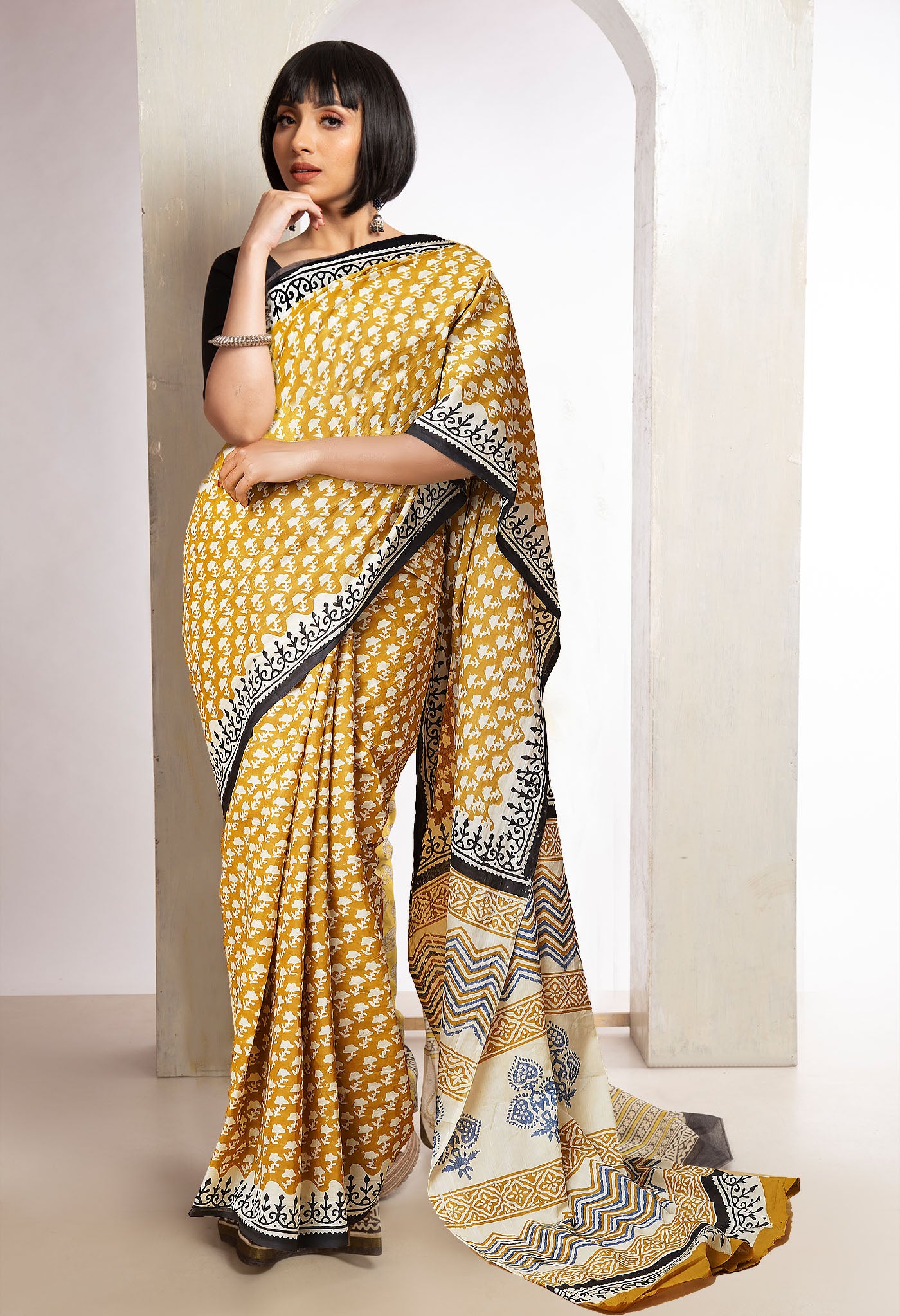 Yellow Pure Bagru Printed Soft Cotton Saree-UNM78126