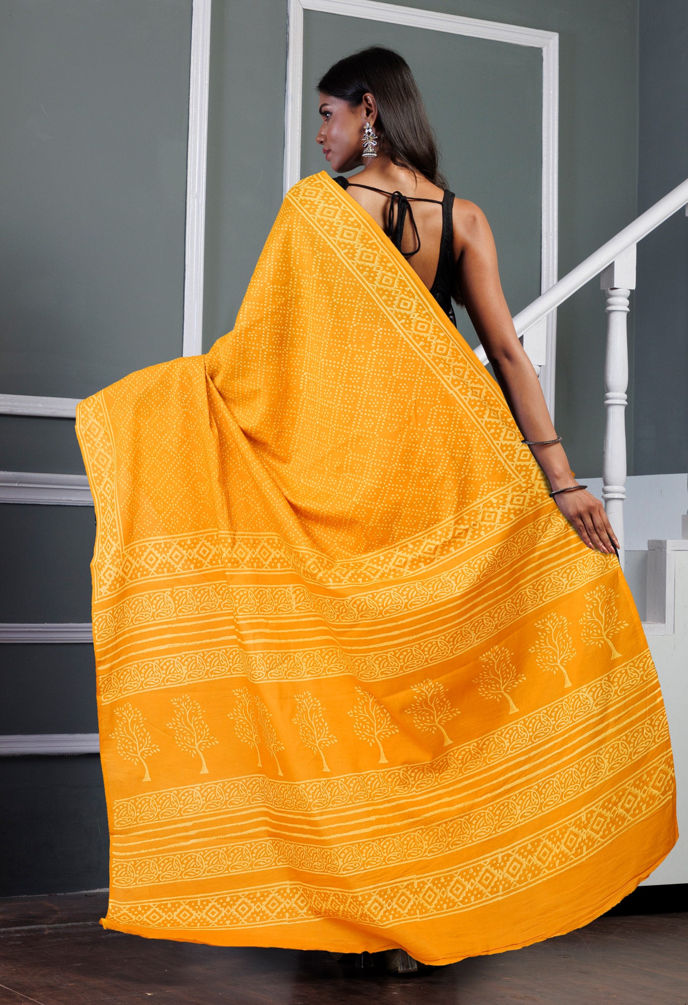 Yellow Pure Hand Block Printed Soft Cotton Saree
