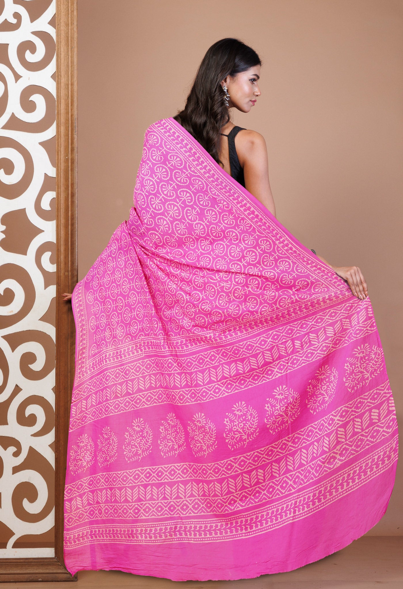 Pink Pure Hand Block Printed Soft Cotton Saree-UNM78179