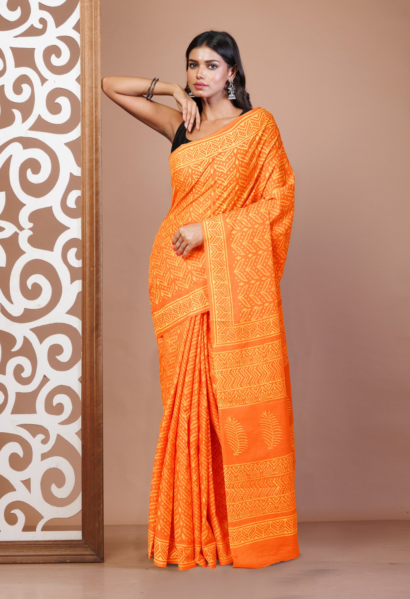 Orange Pure Hand Block Printed Soft Cotton Saree